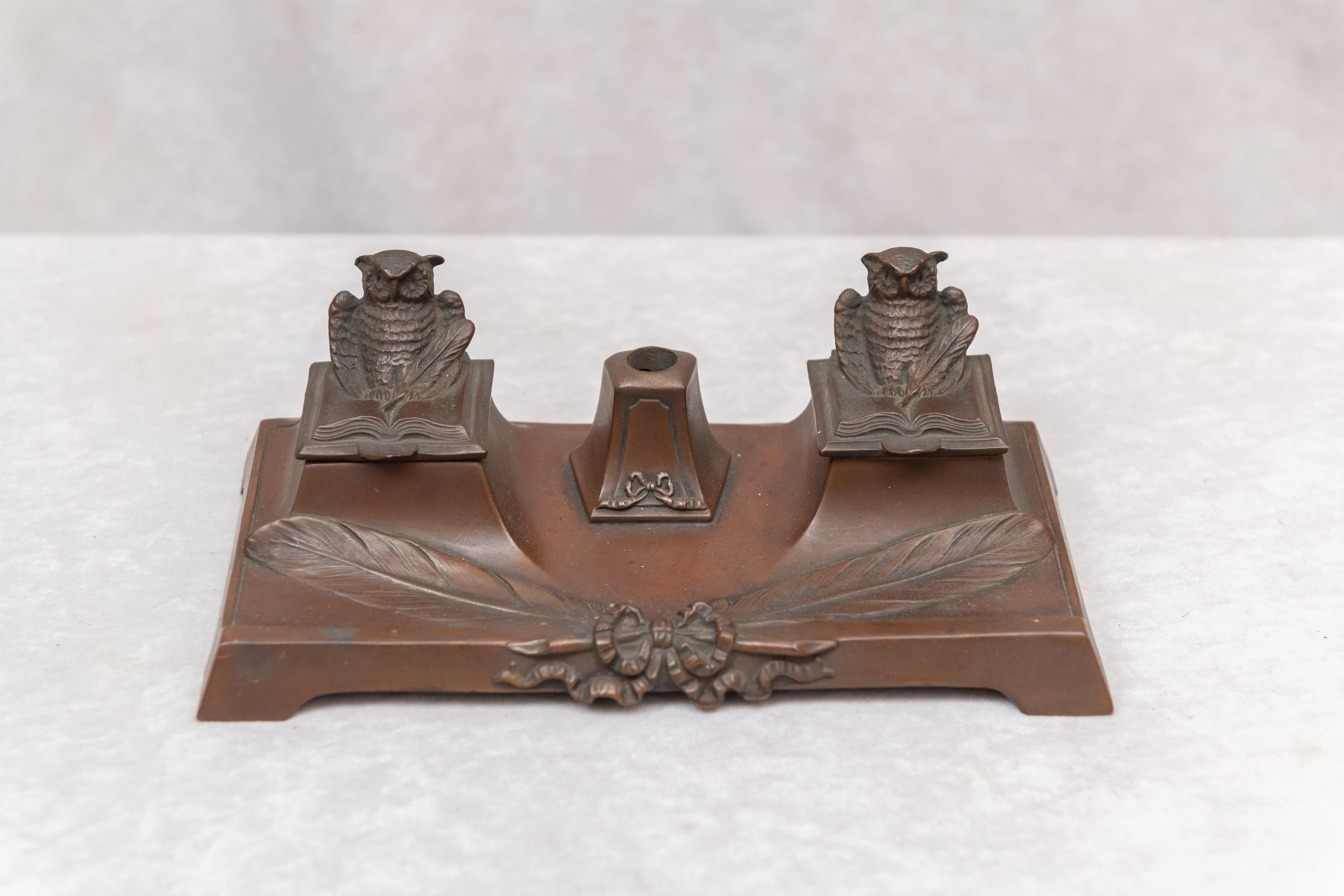 North American Antique Double Inkwell with Owls, circa 1920