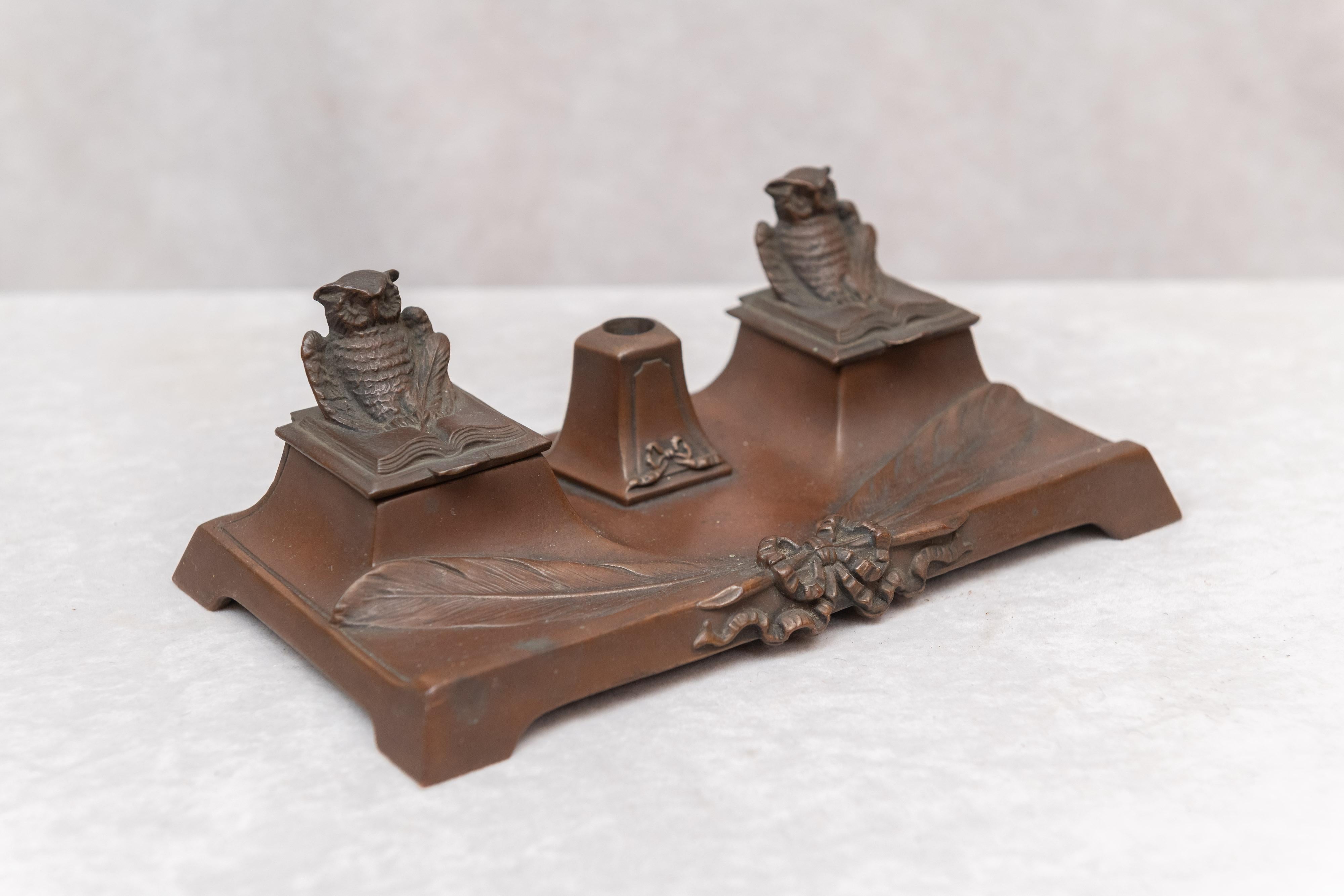 Patinated Antique Double Inkwell with Owls, circa 1920