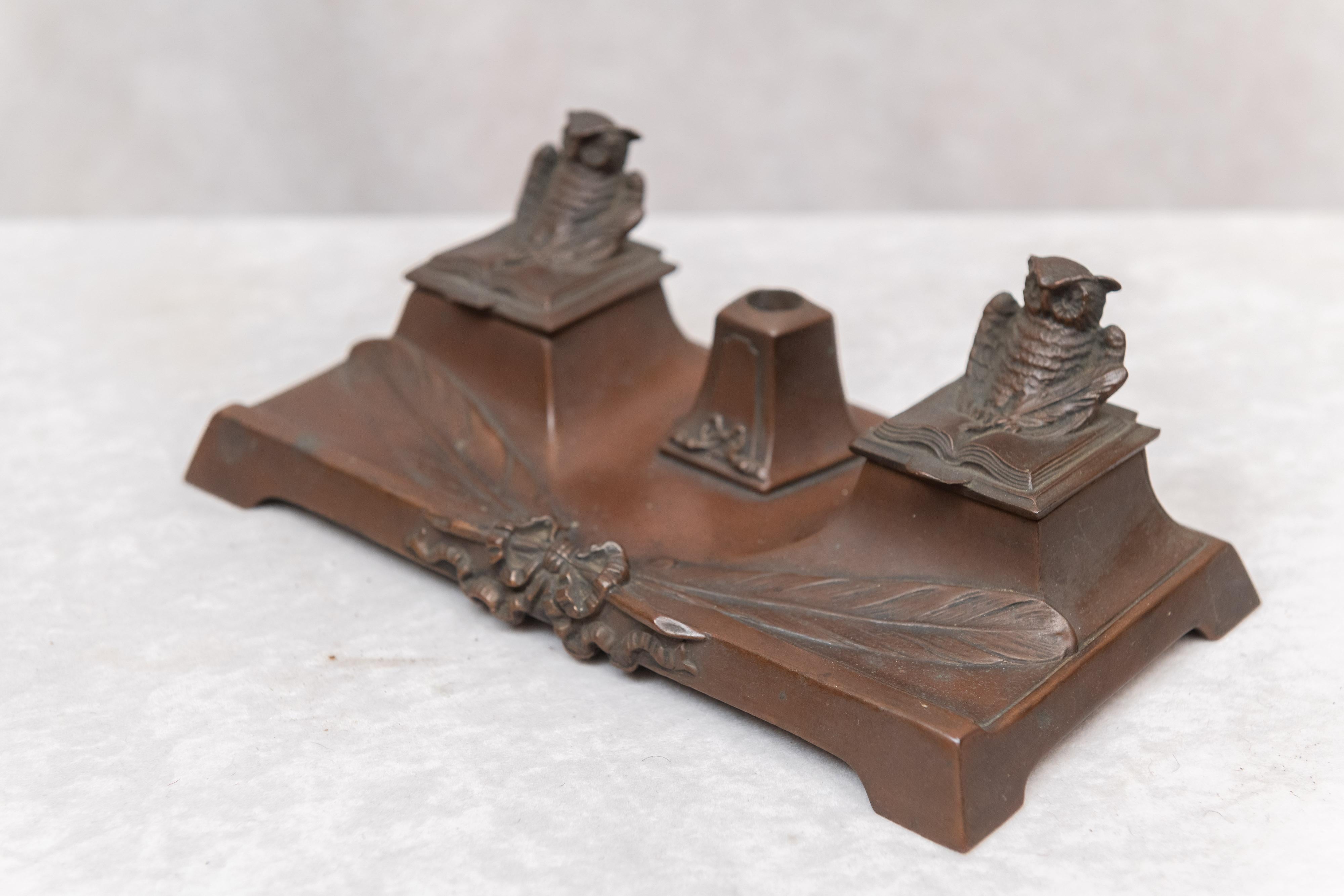 Antique Double Inkwell with Owls, circa 1920 In Good Condition In Petaluma, CA