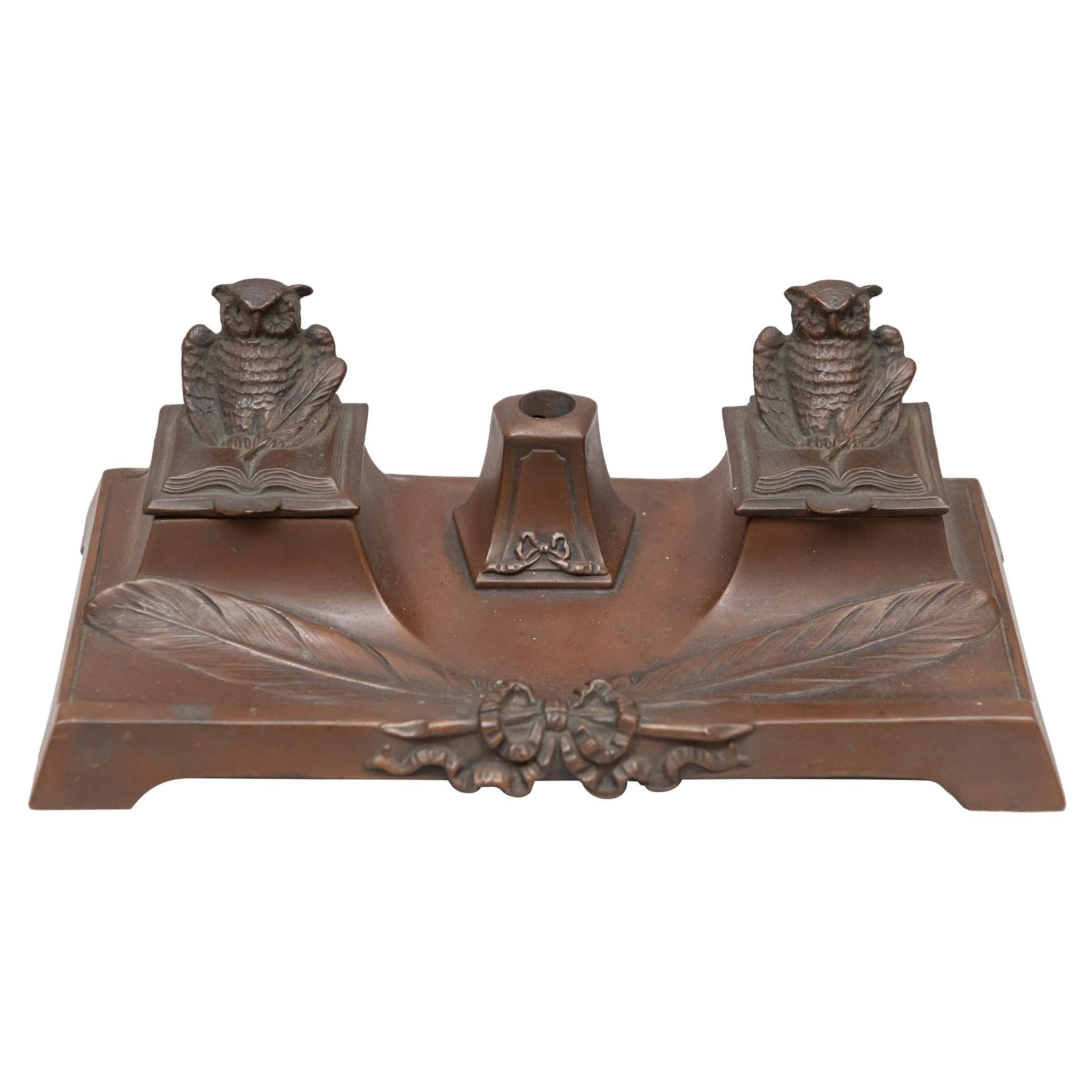 Antique Double Inkwell with Owls, circa 1920