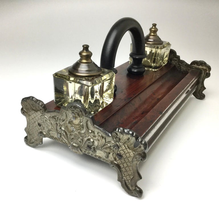 Antique Double Inkwell Wood and Irion Inkstand Desk Companion with