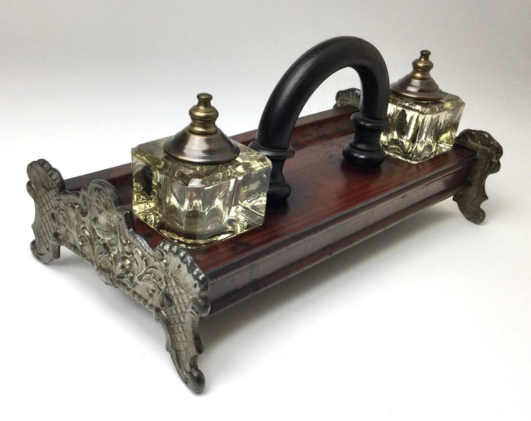 Antique Double Inkwell Wood and Irion Inkstand Desk Companion with