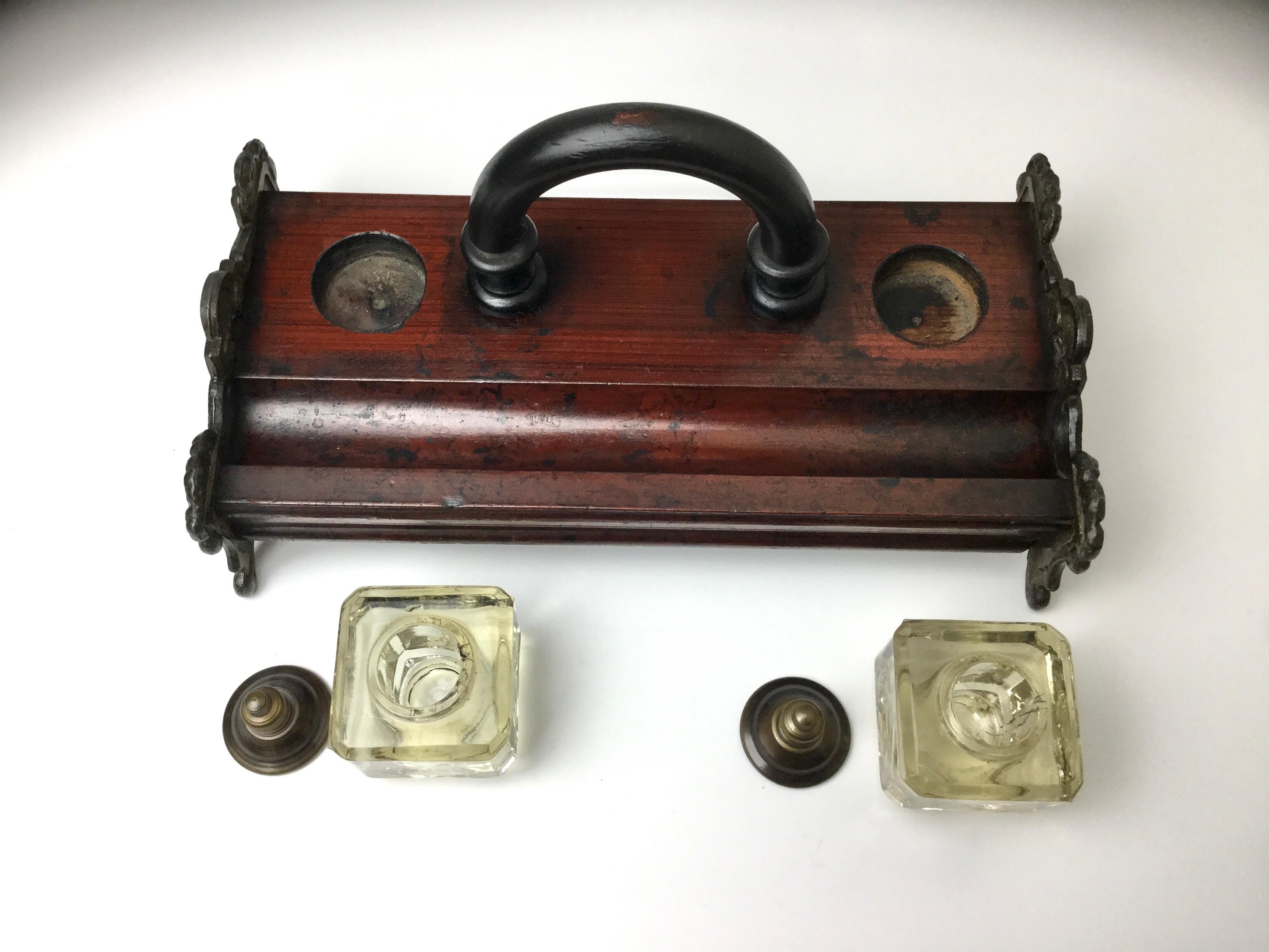 Early Victorian Antique Double Inkwell Wood and Irion Inkstand Desk Companion with Handle