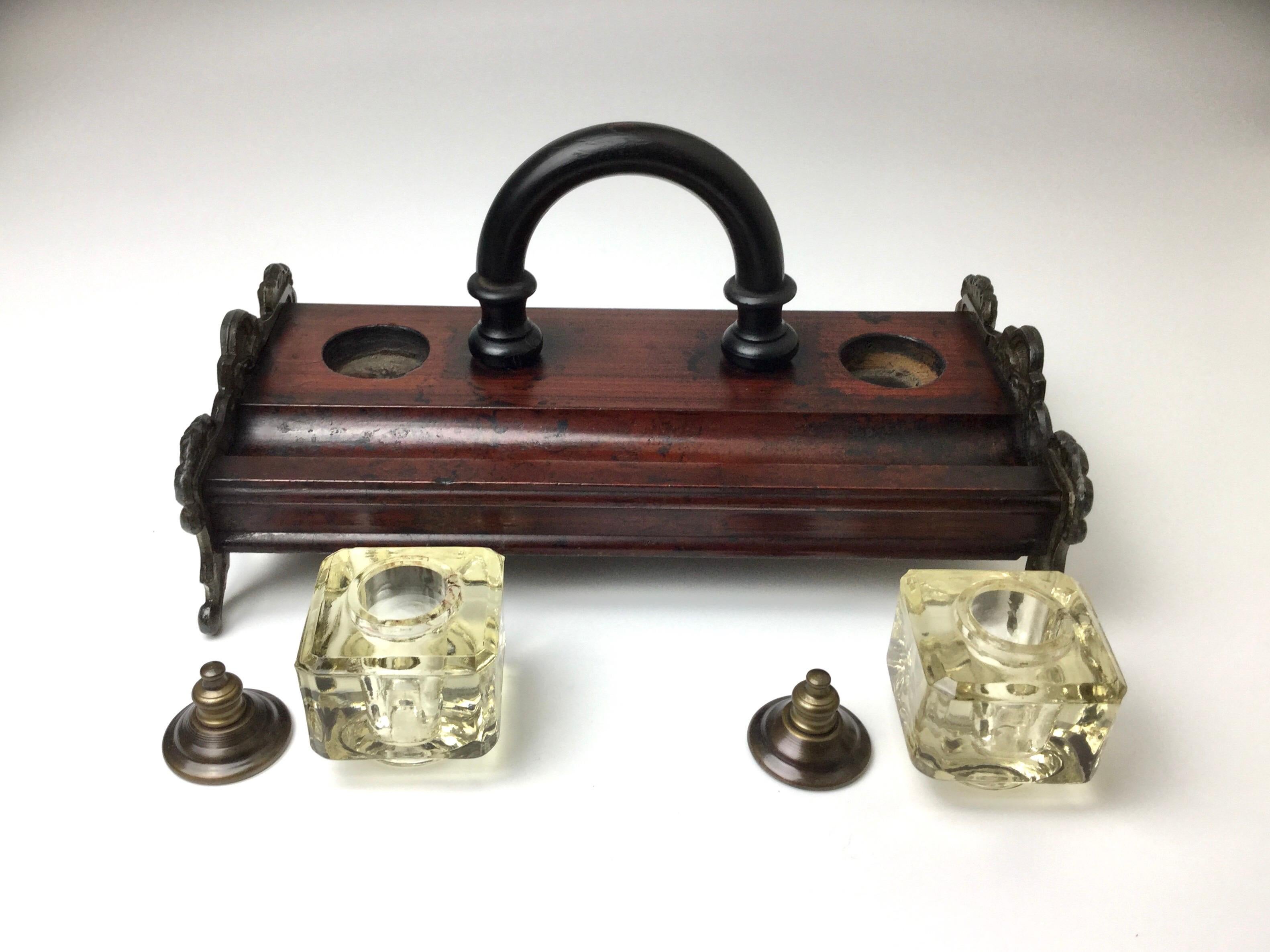 English Antique Double Inkwell Wood and Irion Inkstand Desk Companion with Handle