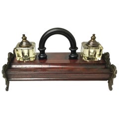 Antique Double Inkwell Wood and Irion Inkstand Desk Companion with Handle