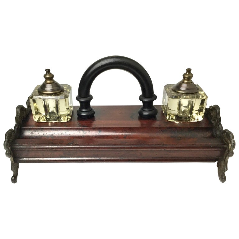 Antique Double Inkwell Wood and Irion Inkstand Desk Companion with