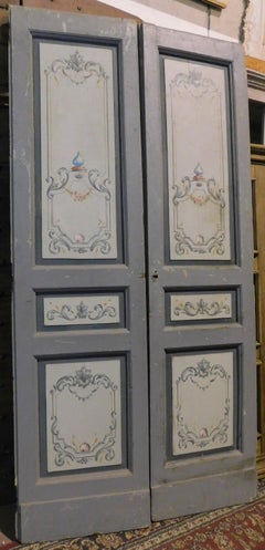 Antique Double Interior Door, Painted Grey/Blue Background, 19th Century Italy