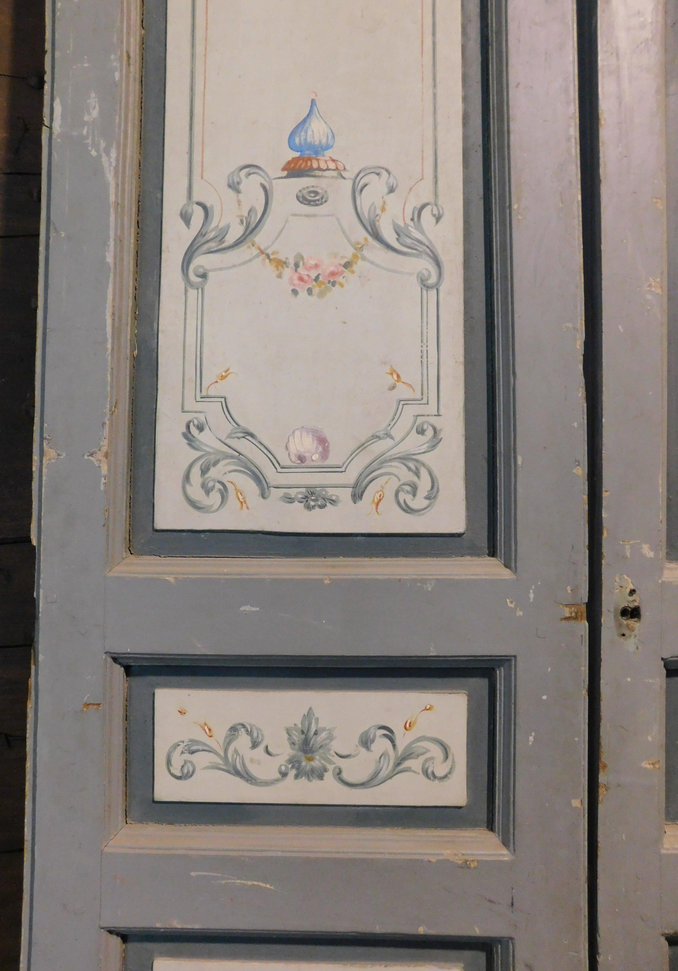Italian Antique Double Interior Door, Painted Grey/Blue Background, 19th Century Italy For Sale