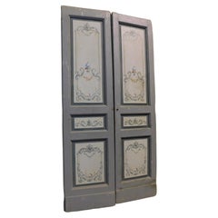 Antica porta doppia per interni, sfondo dipinto grigio/blu, Italia del XIX secolo