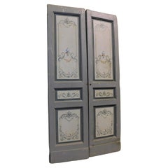 Porte d'intérieur ancienne à double porte, fond gris/bleu peint, Italie, 19ème siècle