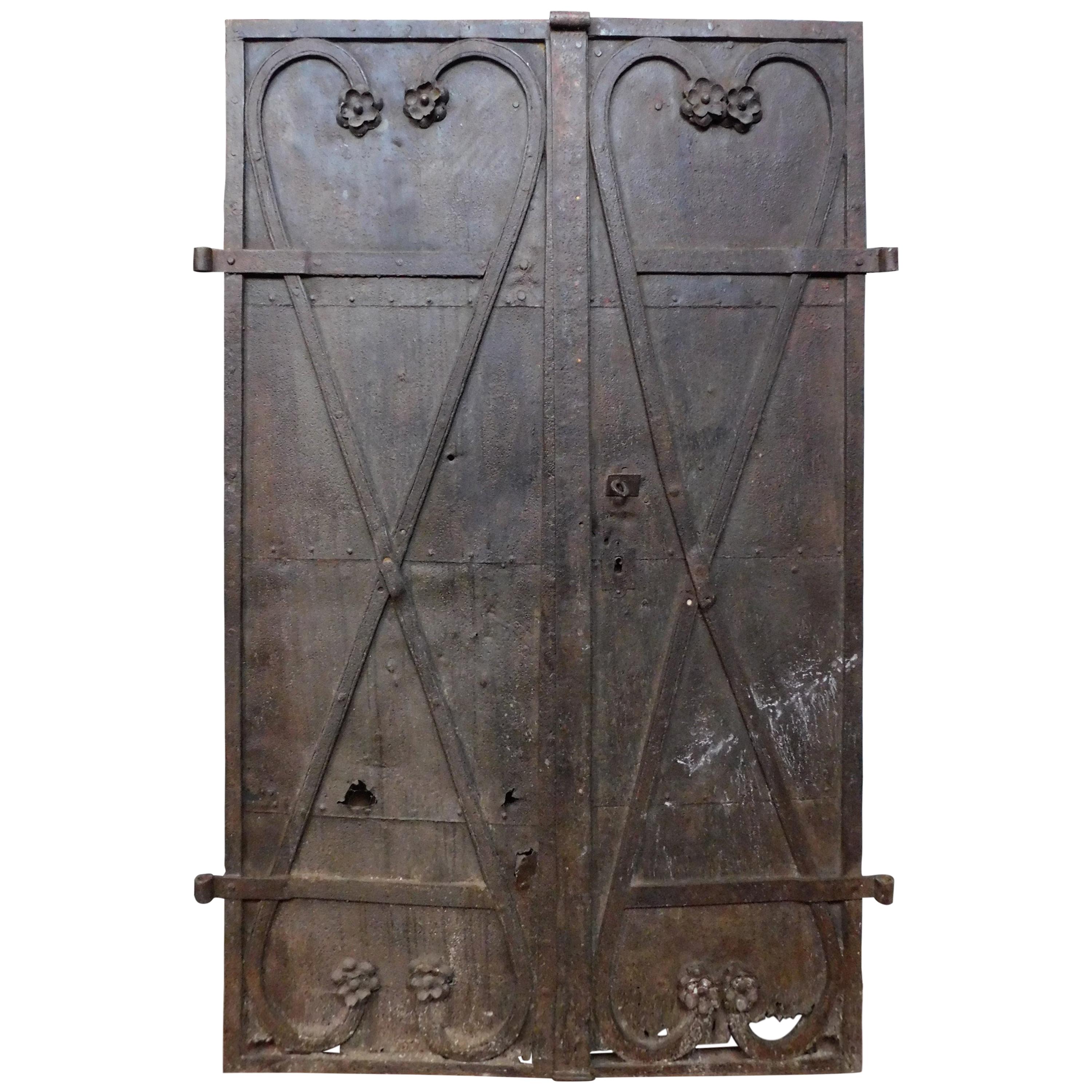 Antique Double Iron Door for Tower, Carved Flowers, Late 18th Century, Austria
