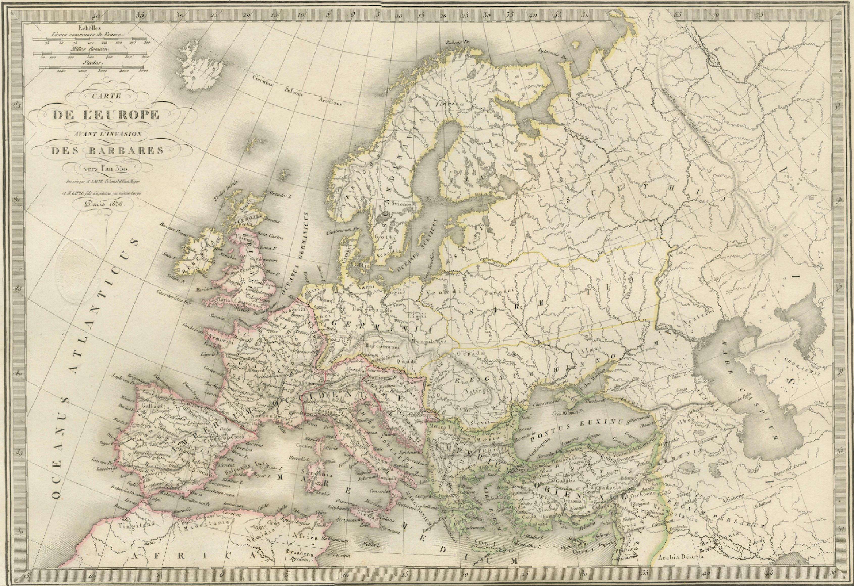 Antique Double Map of Europe, Barbarian Invasions – Lapie, Paris, 1838