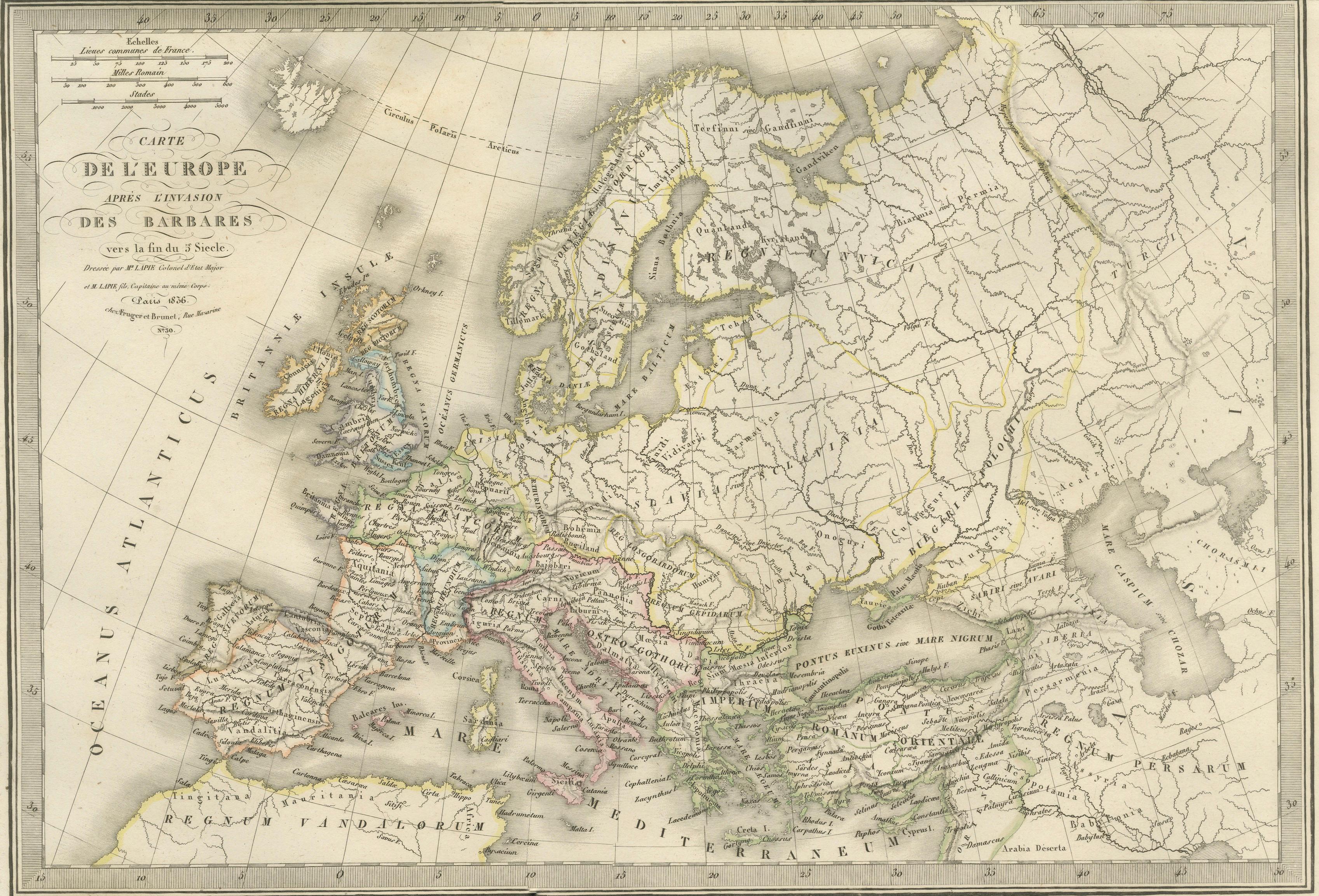 Antique Double Map of Europe, Barbarian Invasions – Lapie, Paris, 1838