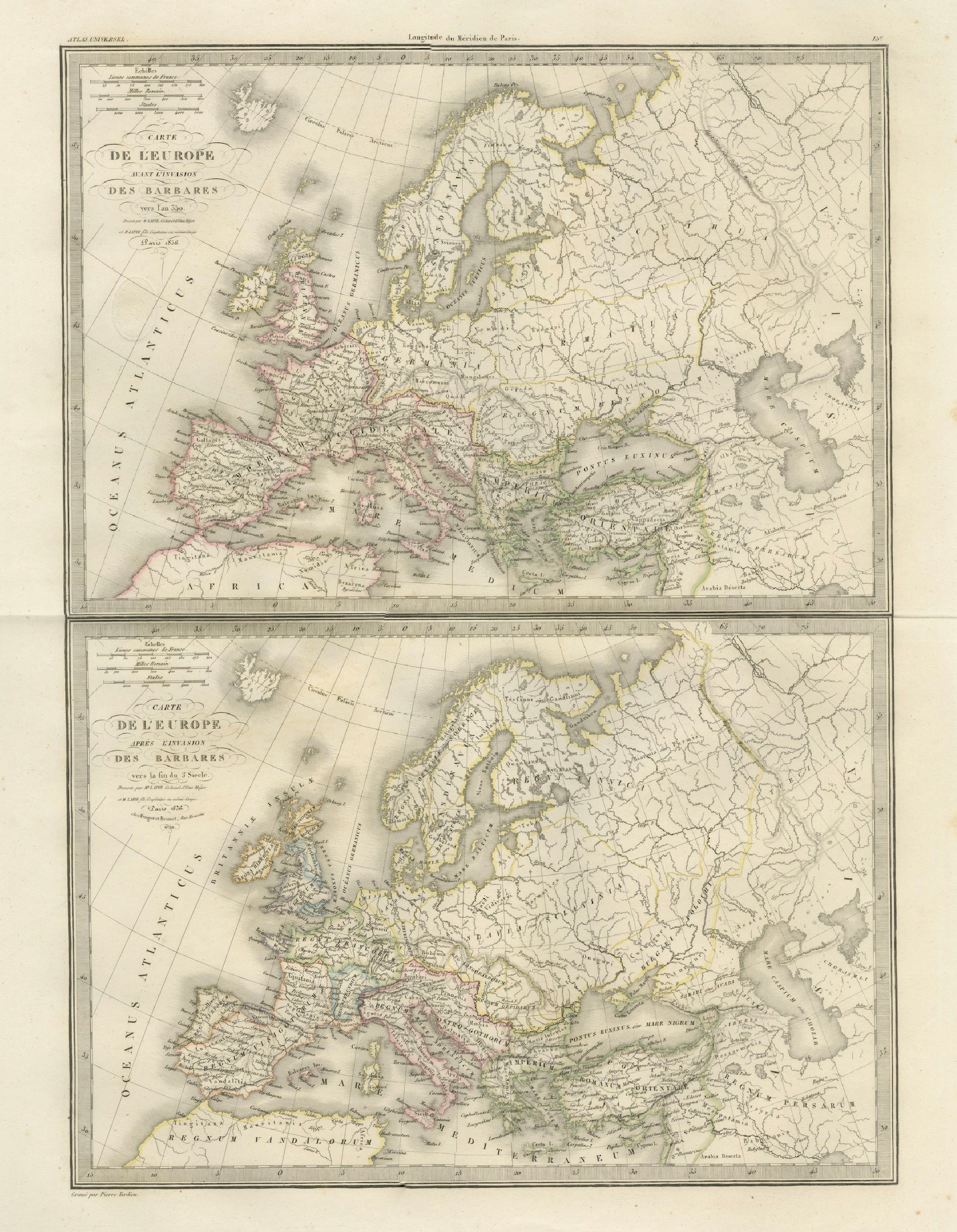 Antique Double Map of Europe, Barbarian Invasions – Lapie, Paris, 1838