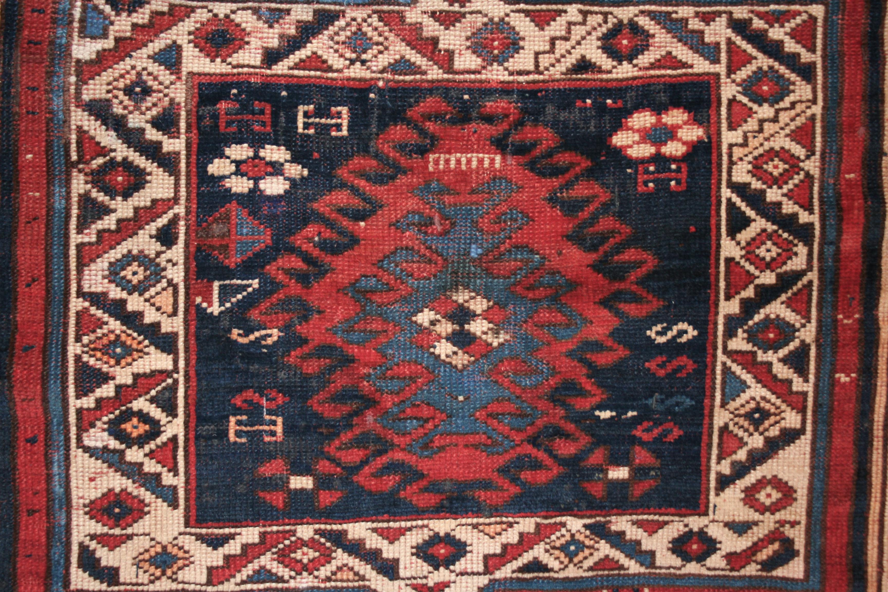 Hand-Knotted Antique Double Niche Geometric Design Armenian Caucasian Kazak Rug Dated 1895 For Sale
