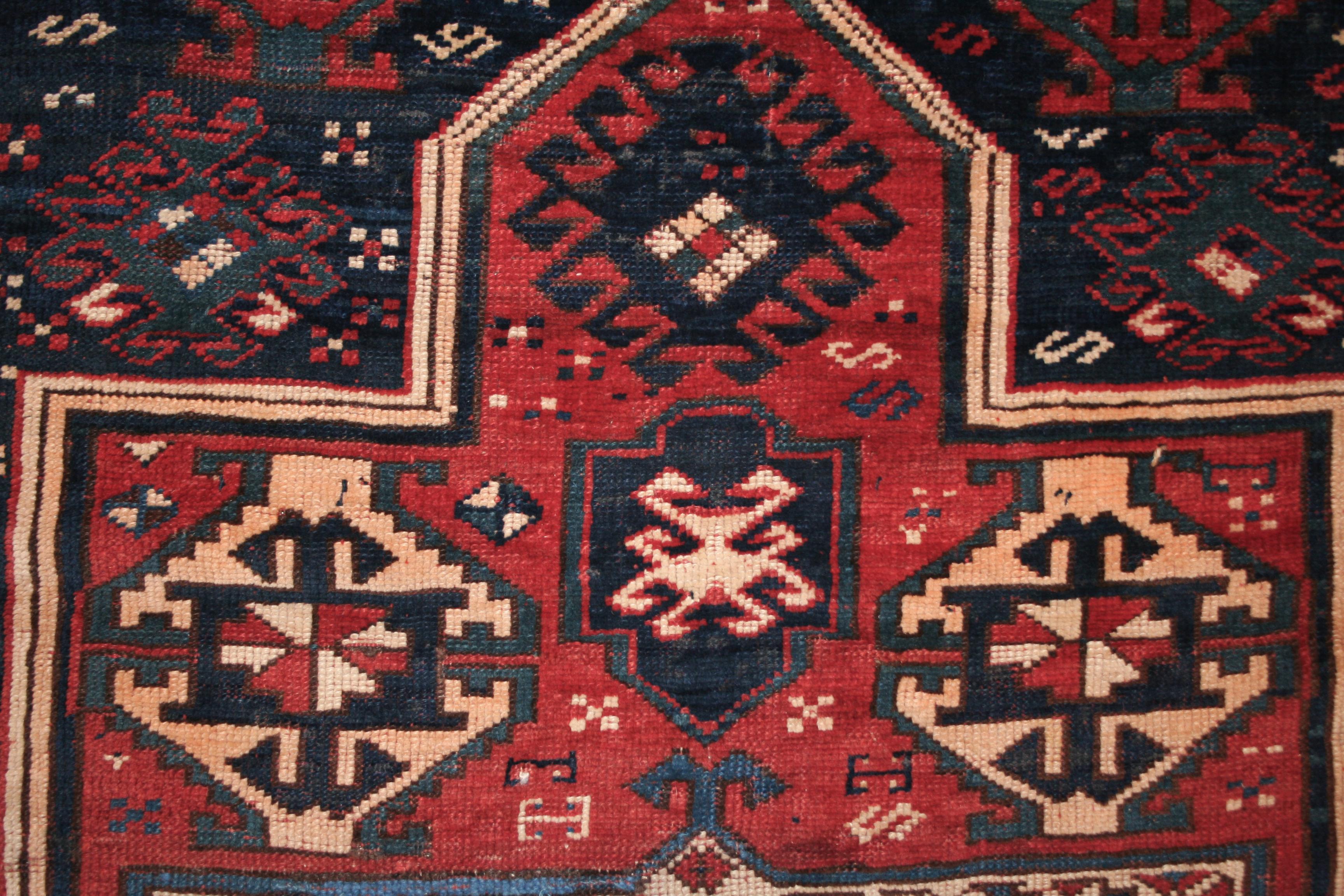 Antique Double Niche Geometric Design Armenian Caucasian Kazak Rug Dated 1895 In Good Condition For Sale In Milan, IT