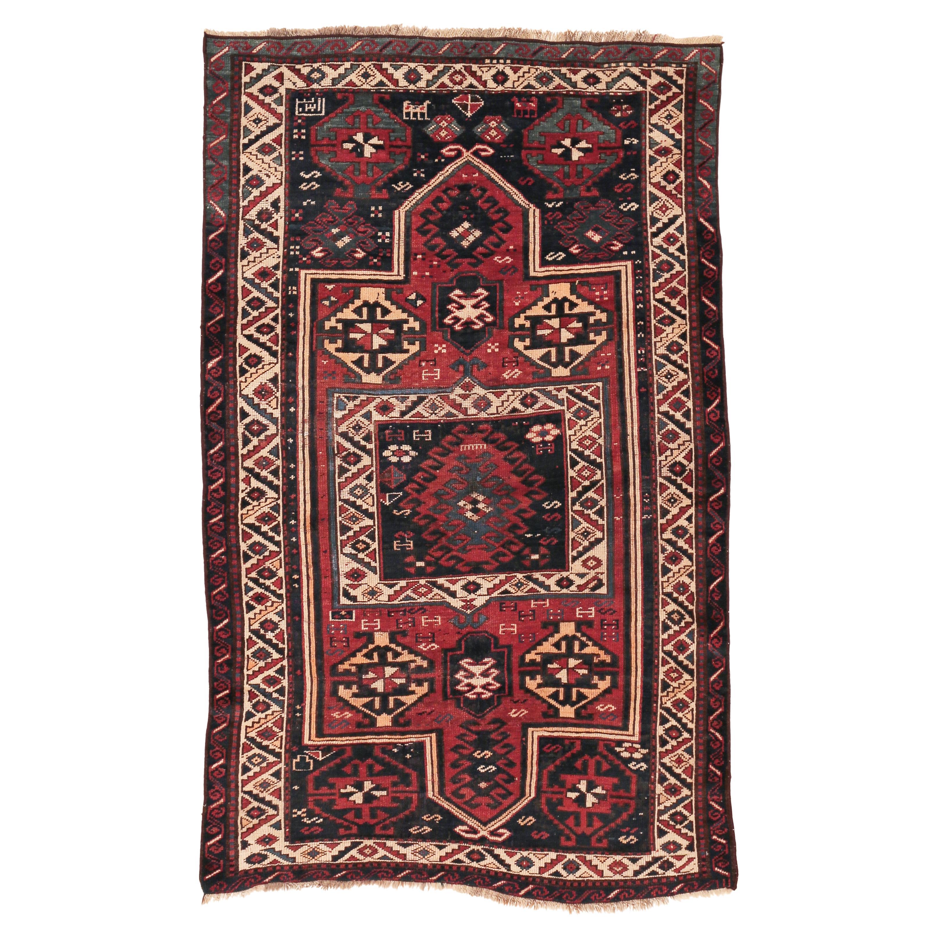 Antique Double Niche Geometric Design Armenian Caucasian Kazak Rug Dated 1895