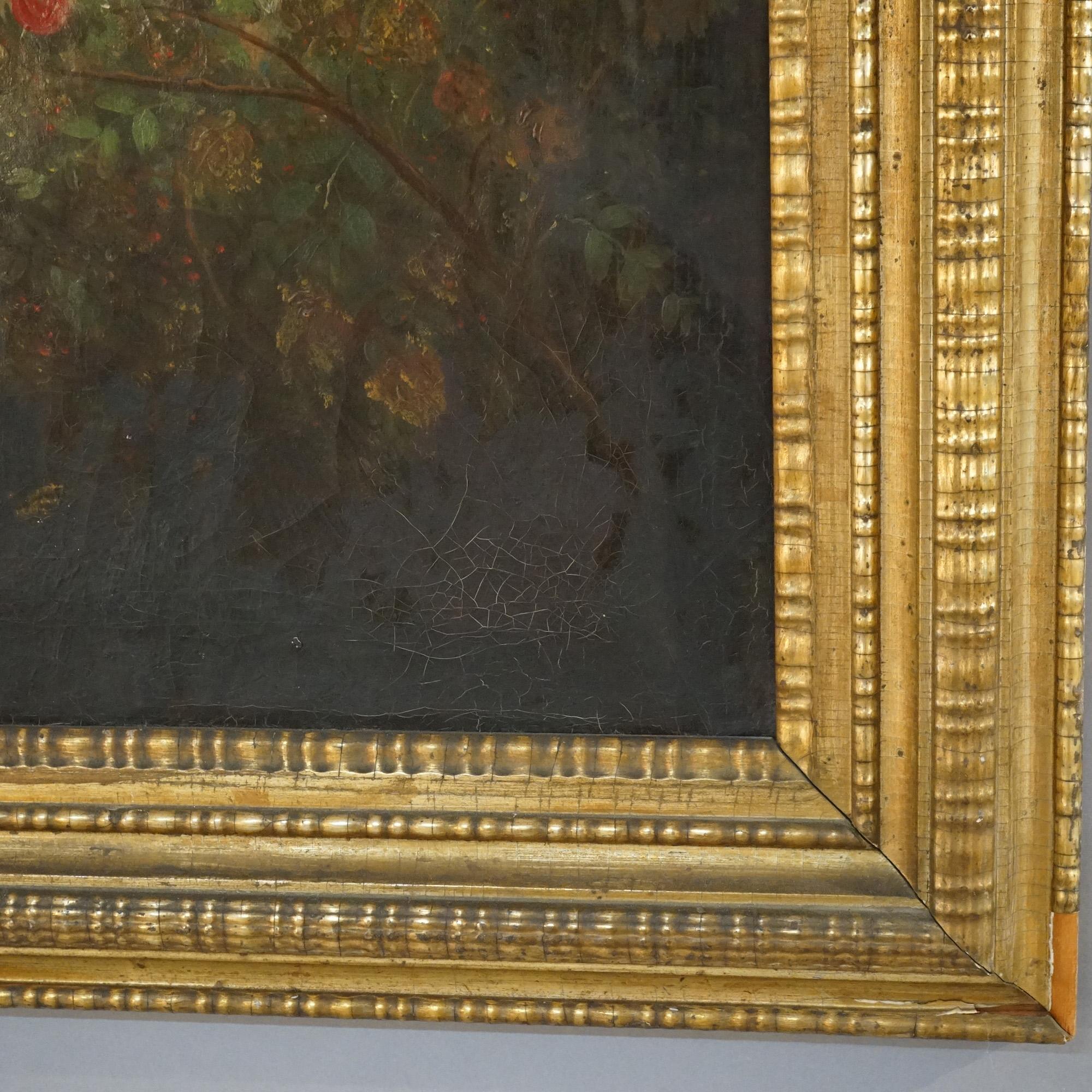 Peinture à l'huile ancienne de deux portraits avec roses et cadre d'origine en bois doré, vers 1840 7