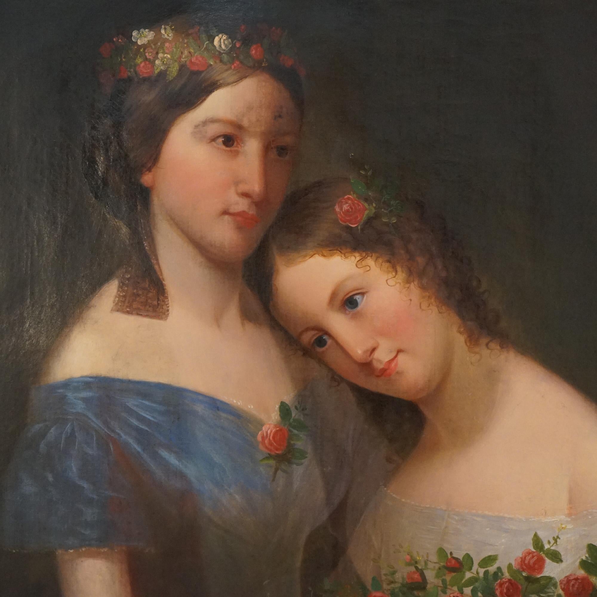 An antique painting offers oil on canvas double portrait of sisters with roses, seated in original giltwood frame, c1940

Measures- 44''H x 37''W x 3''D; 28'' x 35'' sight
