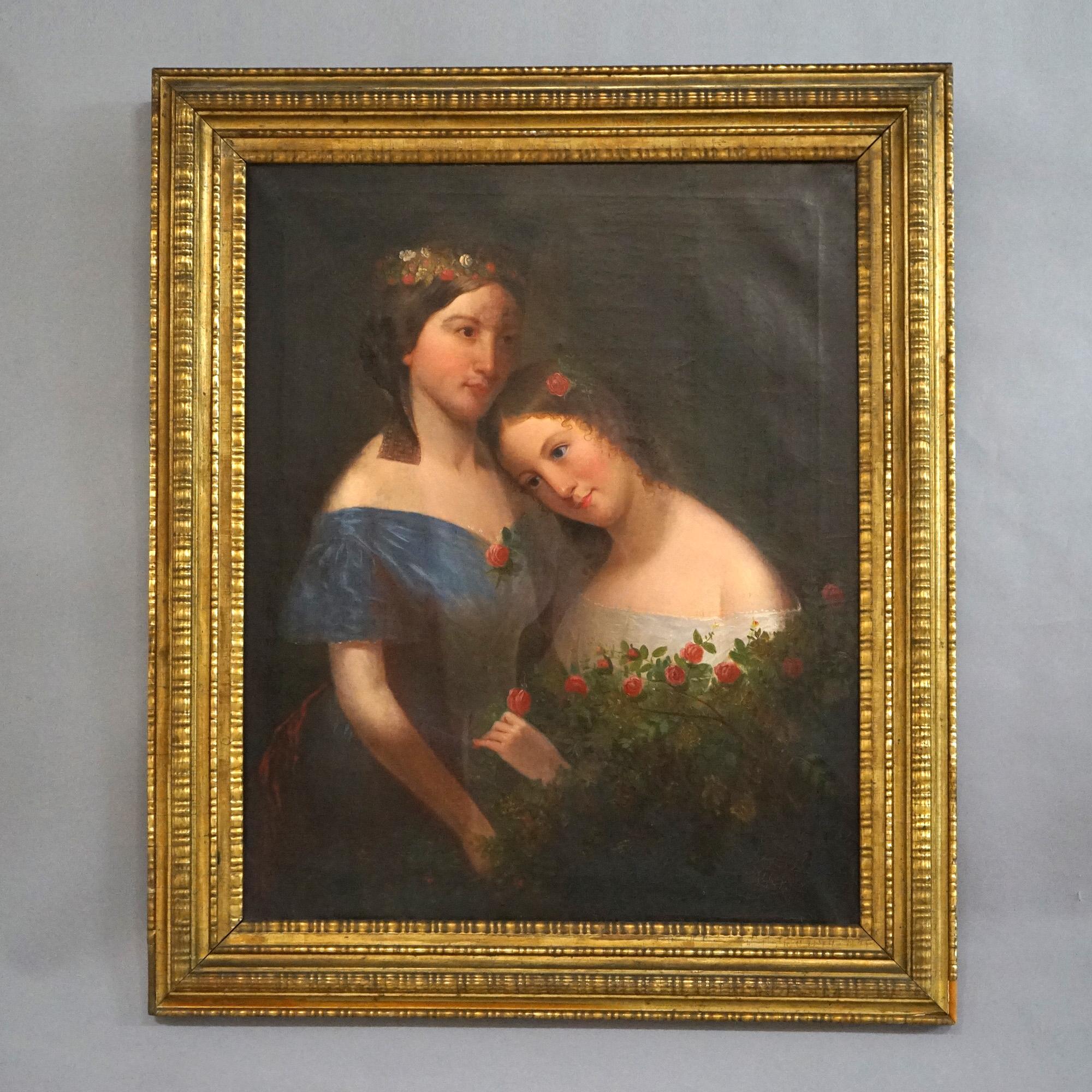 Doré Peinture à l'huile ancienne de deux portraits avec roses et cadre d'origine en bois doré, vers 1840