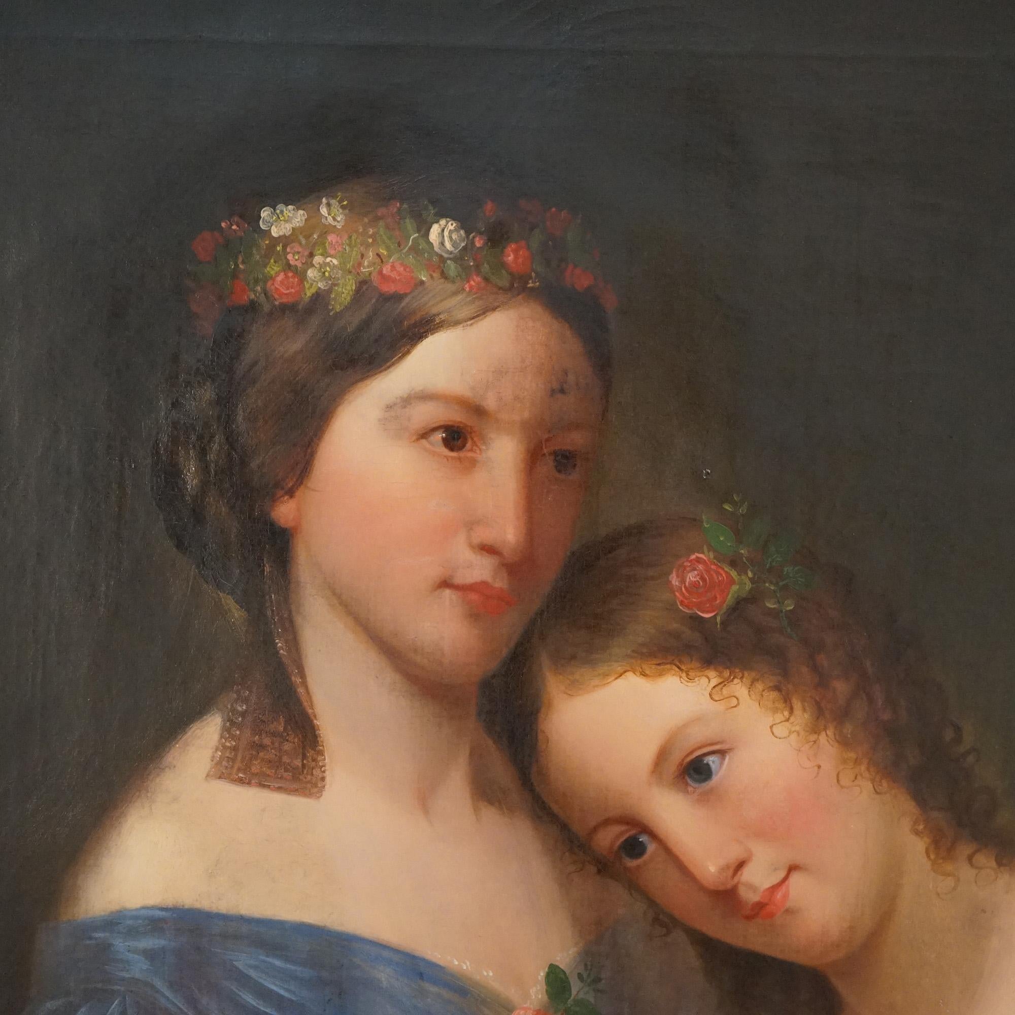 Peinture à l'huile ancienne de deux portraits avec roses et cadre d'origine en bois doré, vers 1840 Bon état à Big Flats, NY