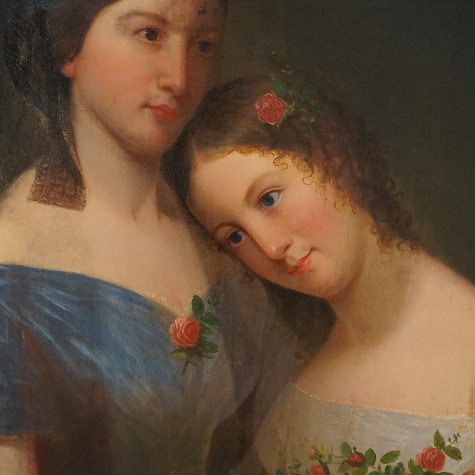 XIXe siècle Peinture à l'huile ancienne de deux portraits avec roses et cadre d'origine en bois doré, vers 1840