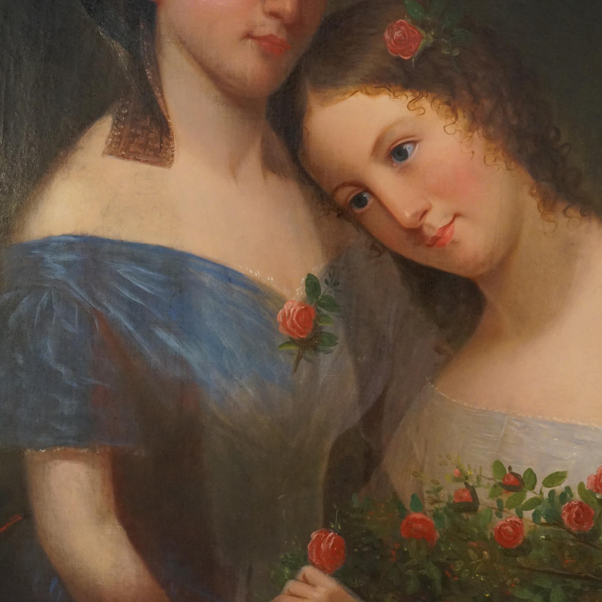 Peinture à l'huile ancienne de deux portraits avec roses et cadre d'origine en bois doré, vers 1840 1