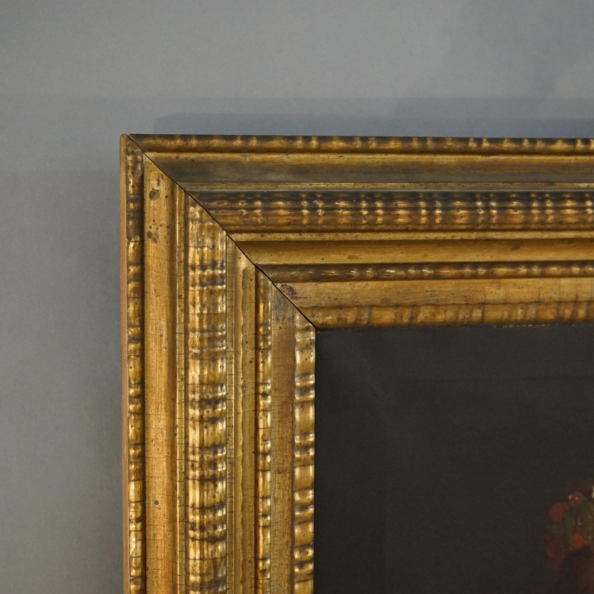 Peinture à l'huile ancienne de deux portraits avec roses et cadre d'origine en bois doré, vers 1840 2