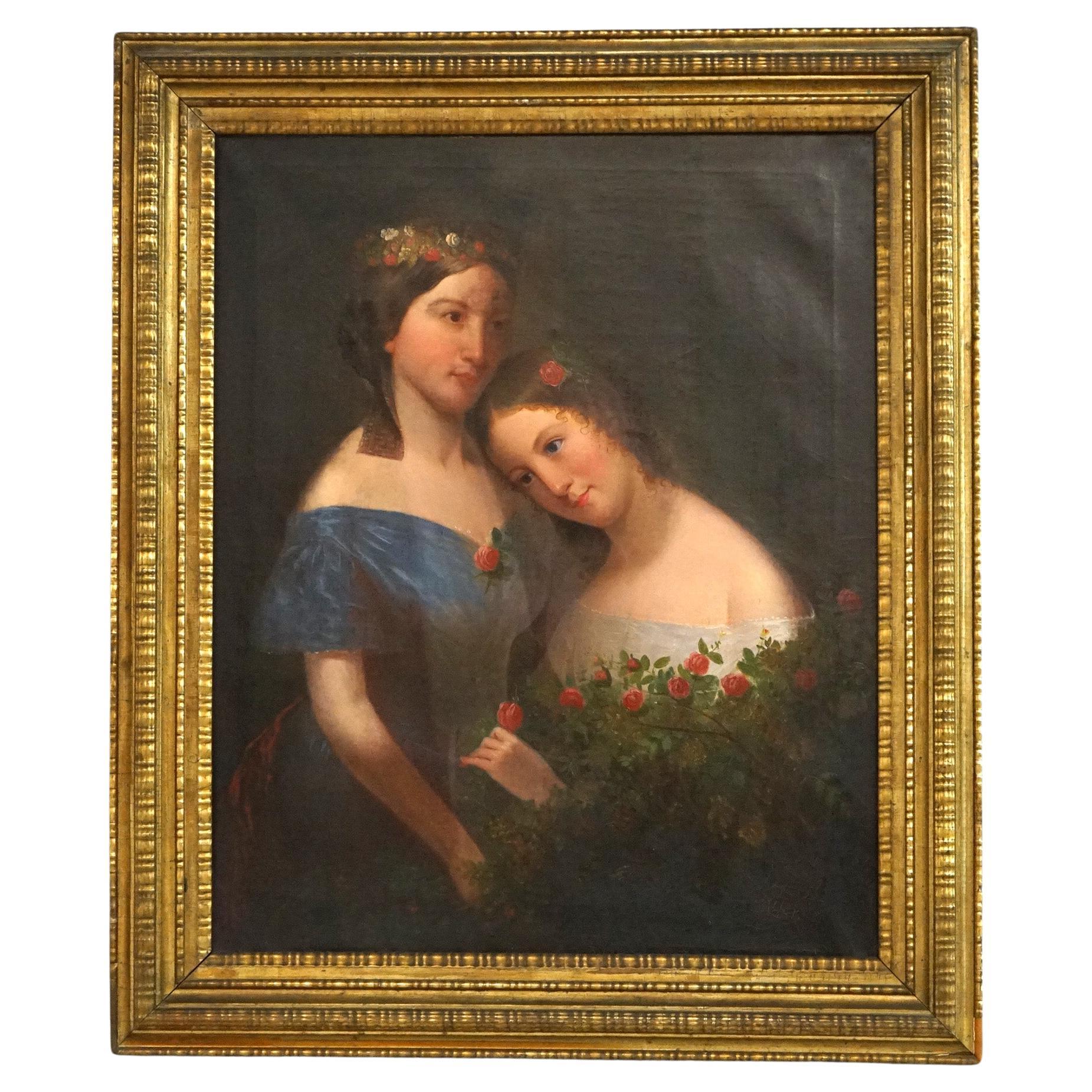 Peinture à l'huile ancienne de deux portraits avec roses et cadre d'origine en bois doré, vers 1840