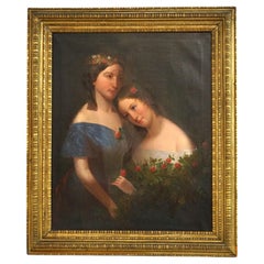 Antique Double Portrait Oil Painting with Roses 
Original Giltwood Frame c1840