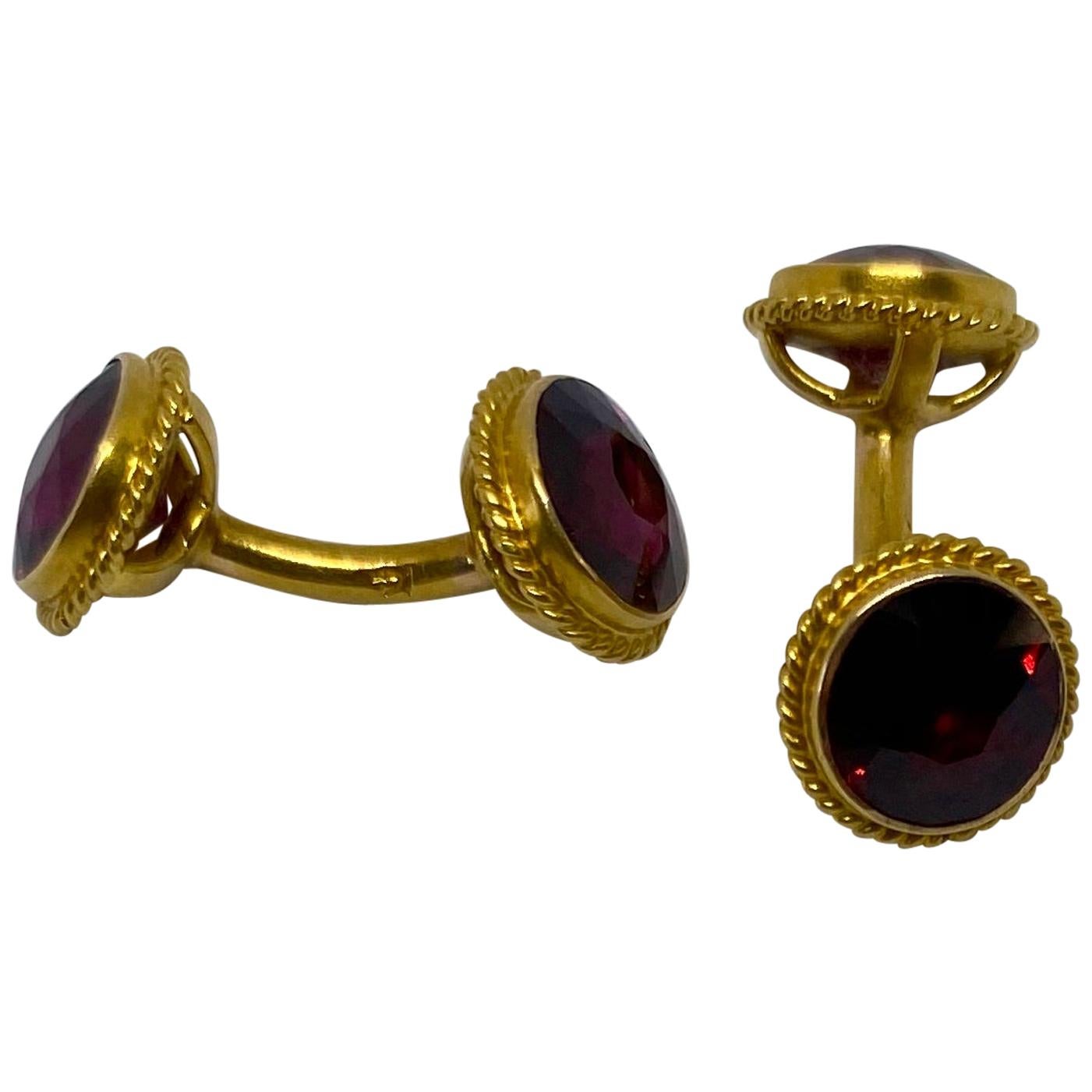 Antique Double-Sided Cufflinks with Faceted Garnets Set in 14 Karat Yellow Gold