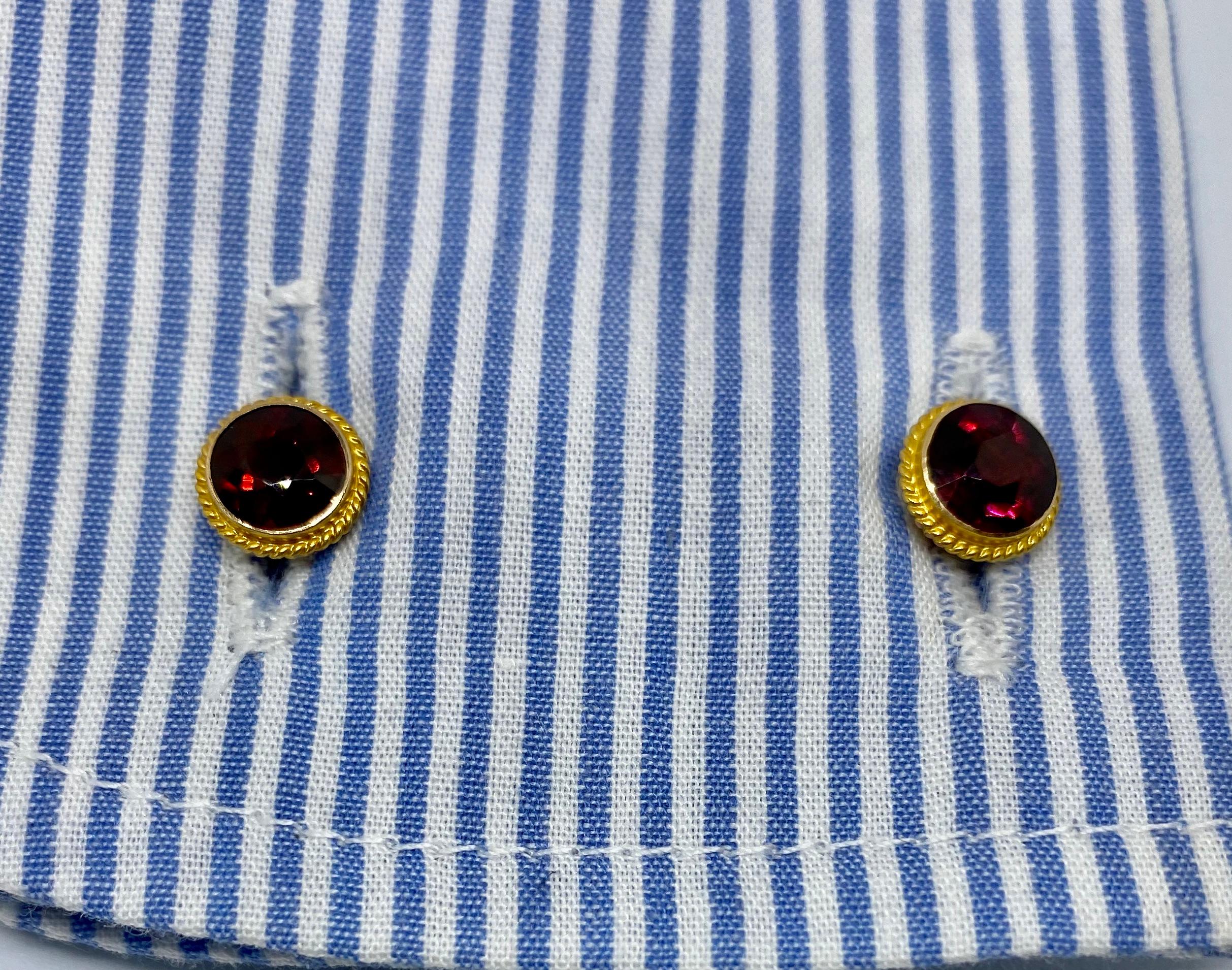 Art Nouveau Antique Double-Sided Cufflinks with Faceted Garnets Set in 14 Karat Yellow Gold