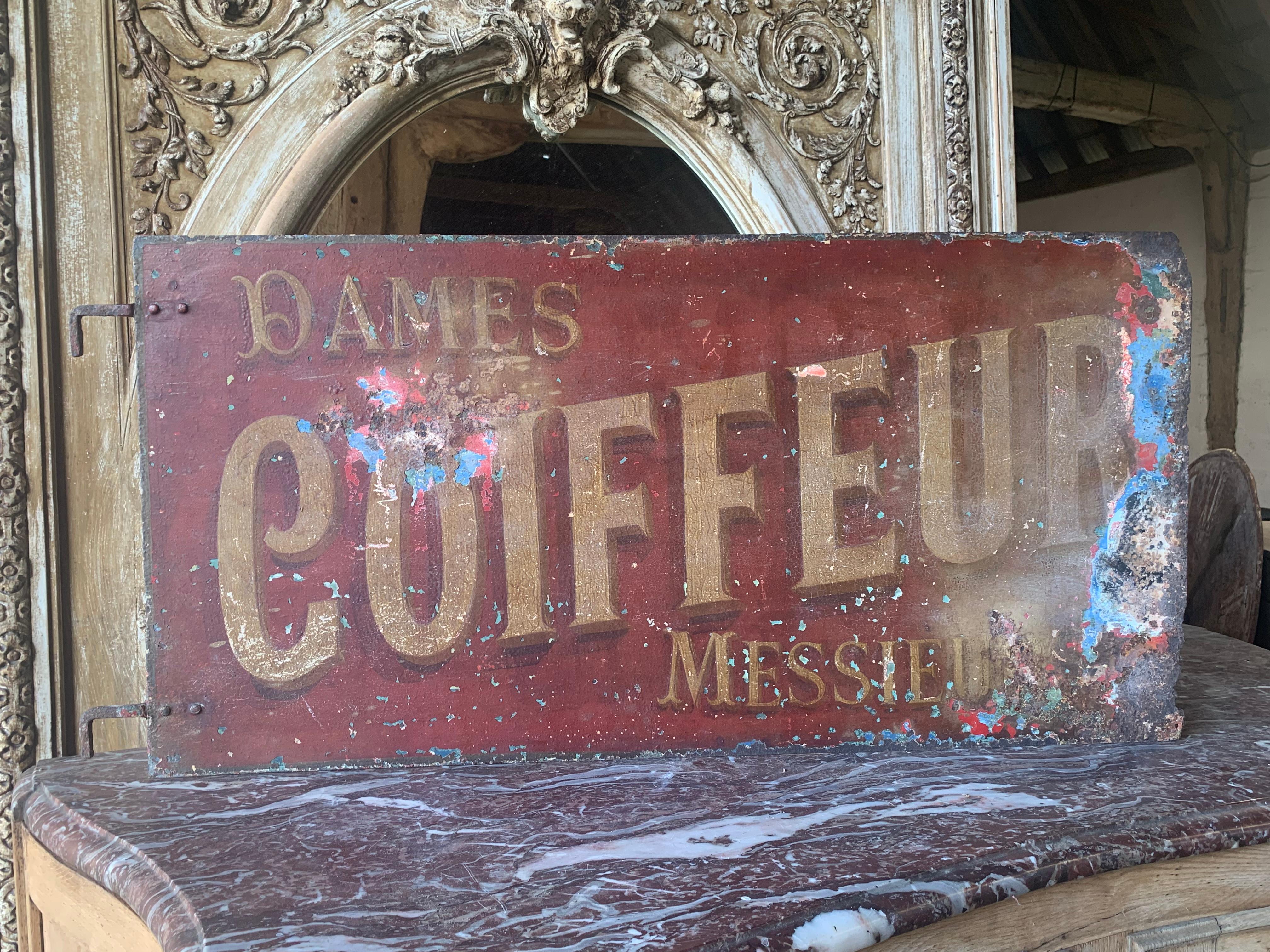 Antiguo letrero de peluquería francesa de doble cara Metal en venta