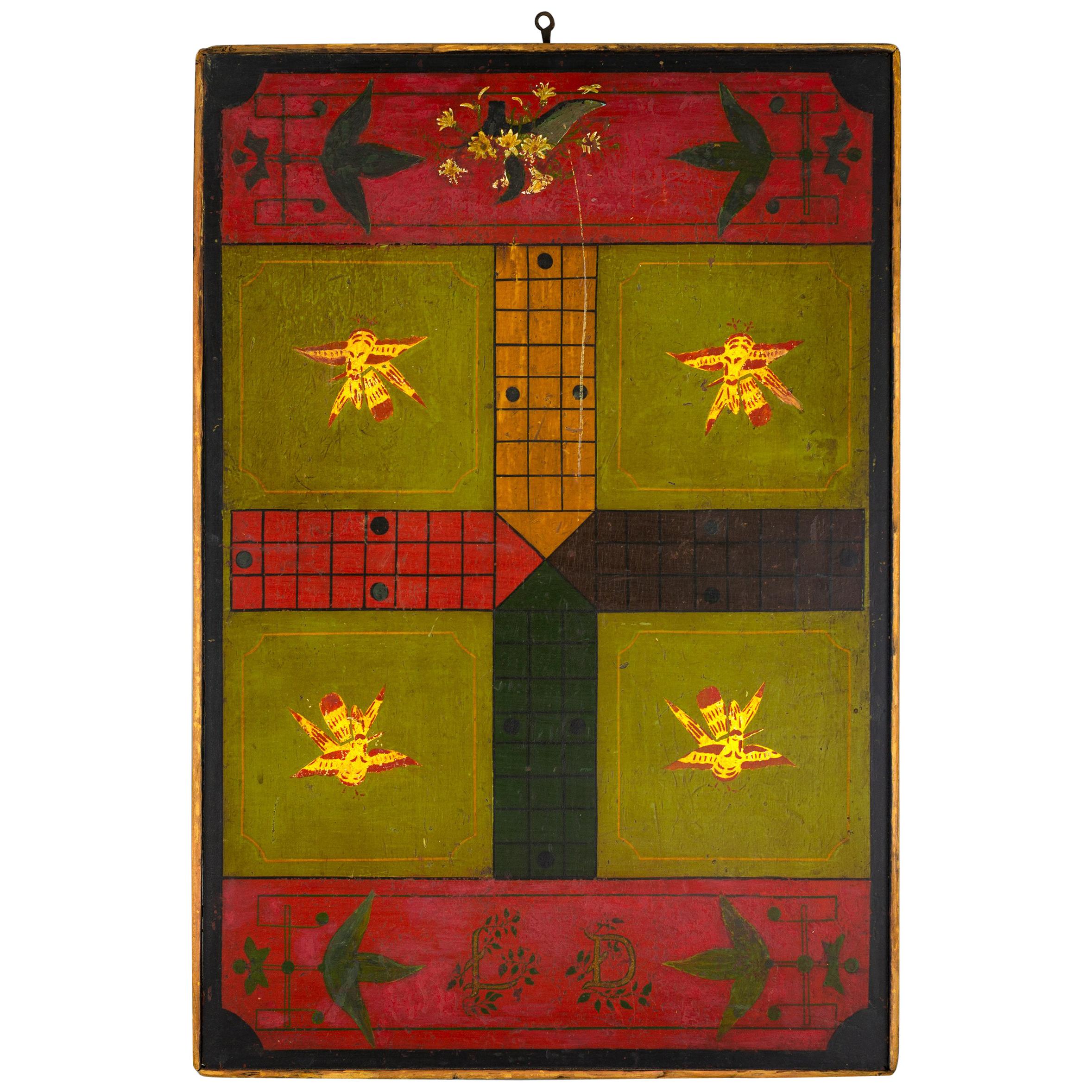 Antique Double Sided Gameboard, Parcheesi and Checkers