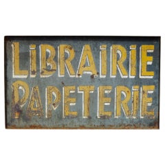 Antiguo letrero metálico de doble cara de la Librairie Papeterie francesa c.1930
