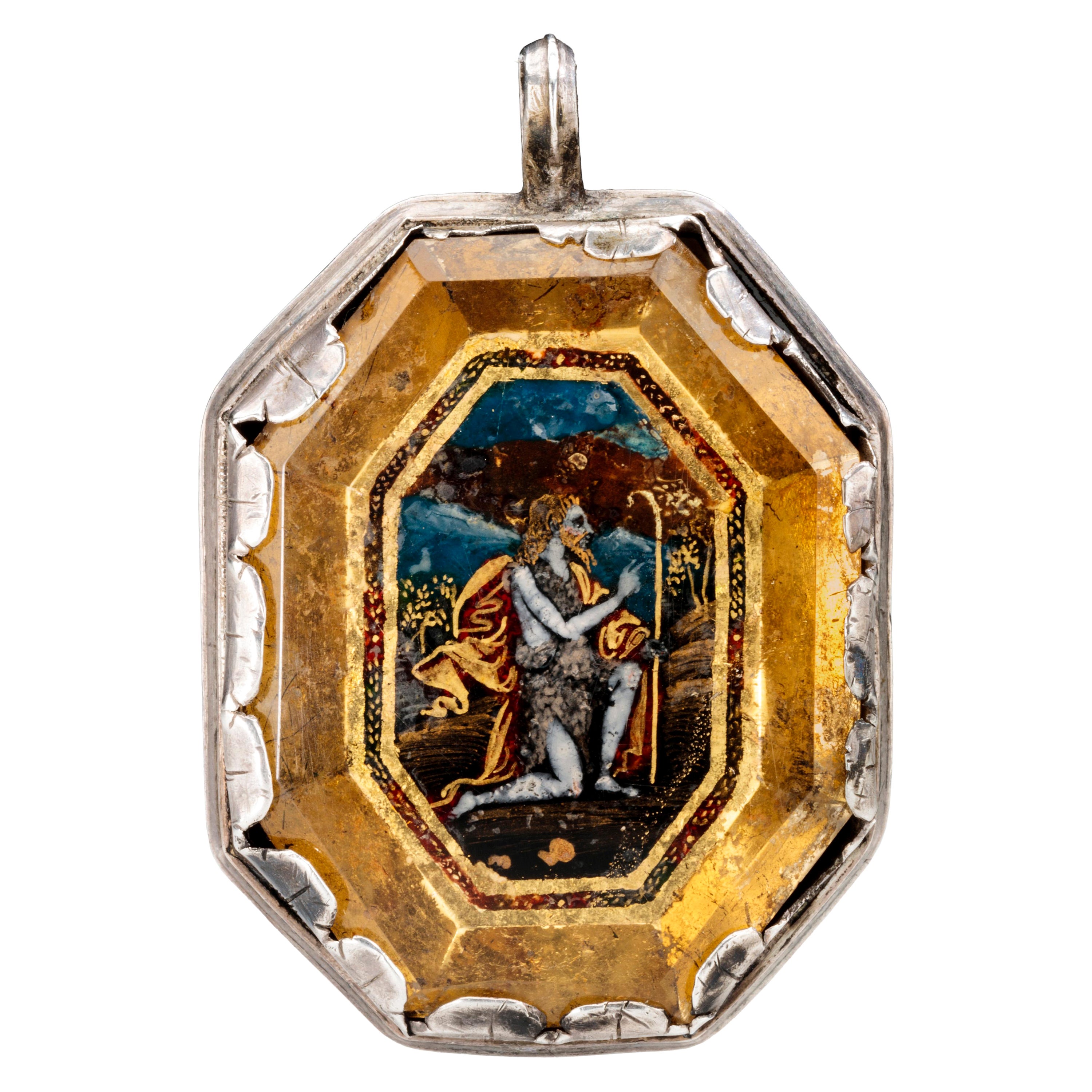 Antique Double-Sided Octagonal Pendant with Verre Églomisé