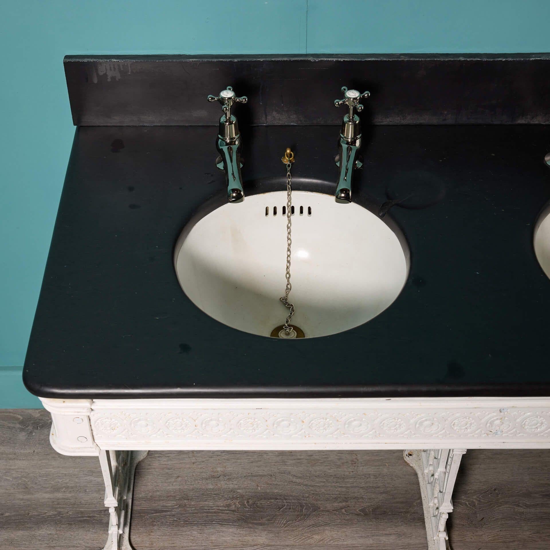 19th Century Antique Double Sink with Slate Splashback For Sale
