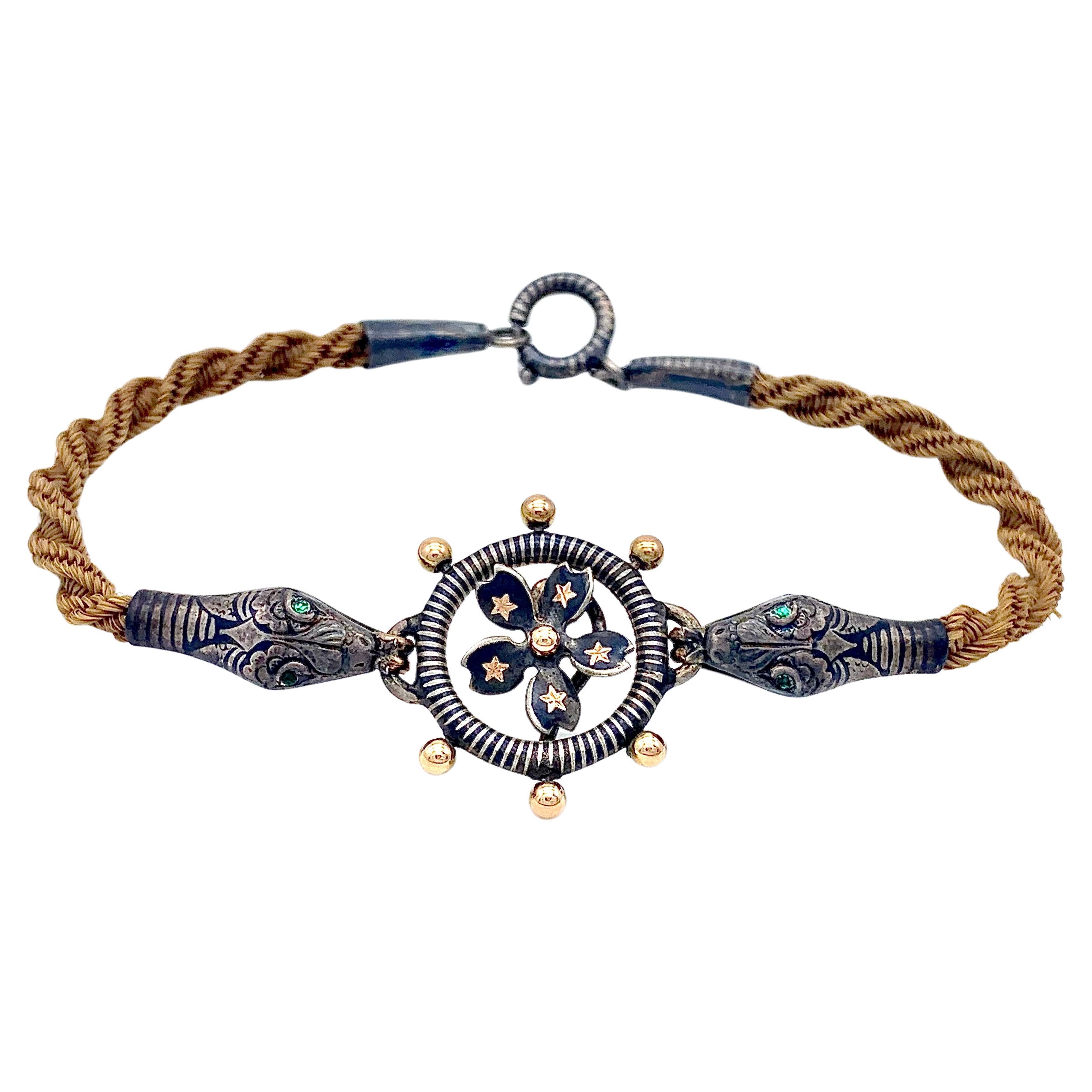 Antikes Doppelschlangenarmband Silber Niello Silber vergoldetes Haar Eternal Friendship im Angebot