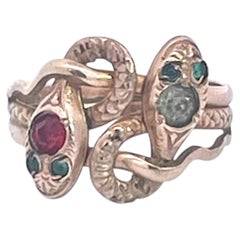 Antique Victorian 14K Yellow Gold Double Snake Ring with Gemstones