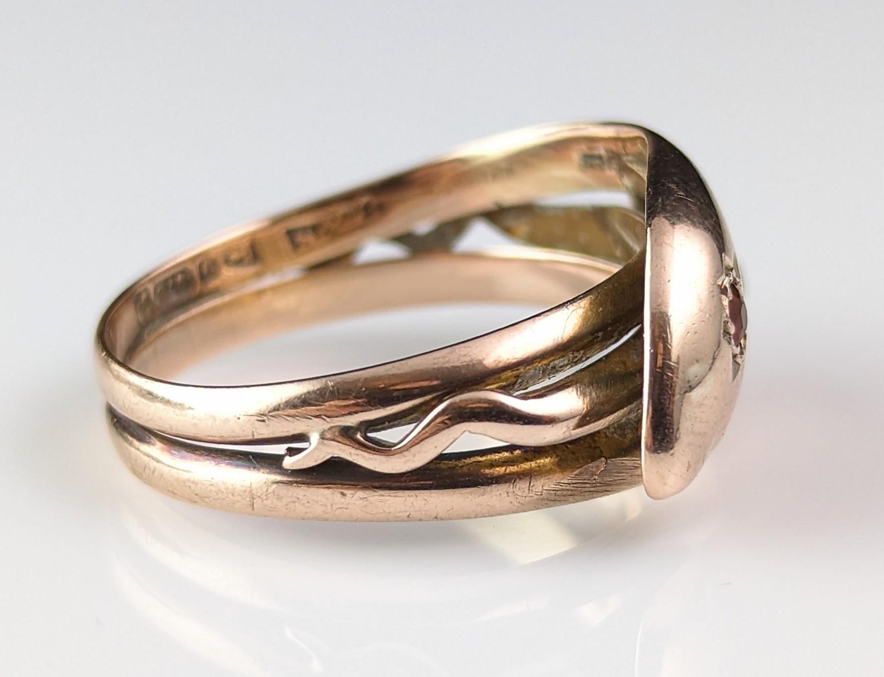 Antique Double snake ring, 9k gold and Garnet, Edwardian  For Sale 10