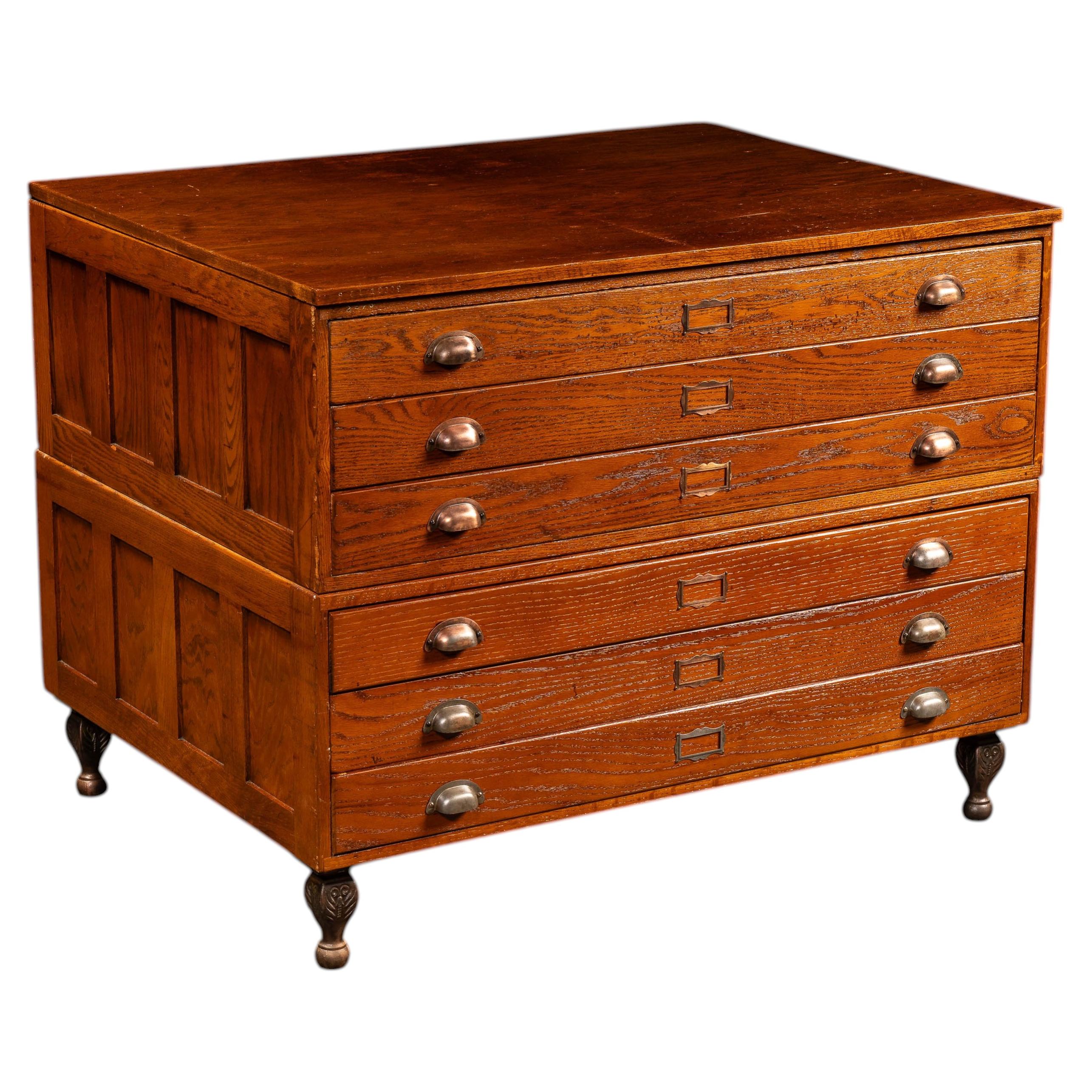 Antique Double-Stack Oak Flat File Cabinet