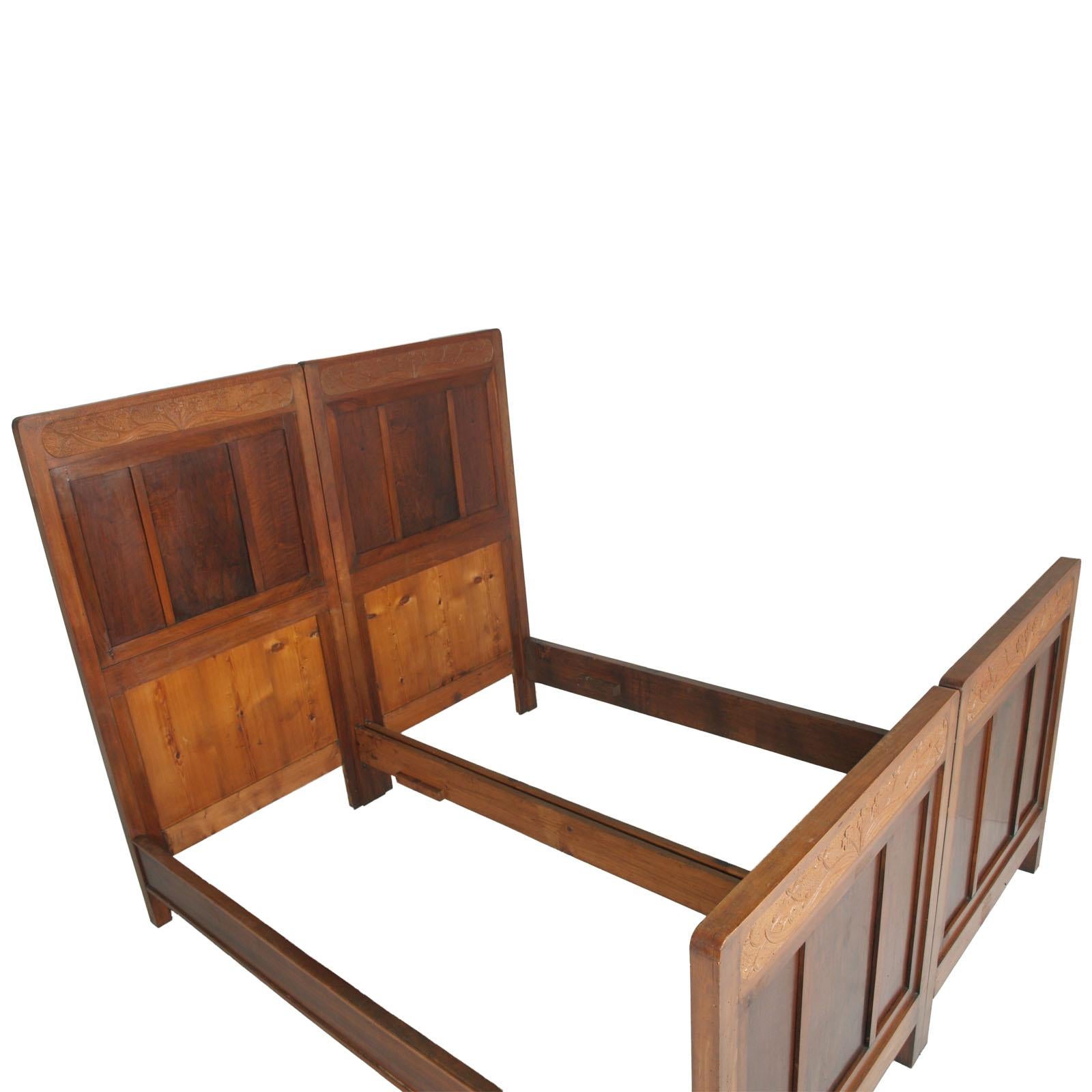 Antique Double Twin Bed, Art Nouveau, in Hand Carved Cherry Wood, Wax Polished For Sale 5