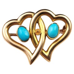 Antique Double Witches heart brooch, 15k gold, Turquoise 