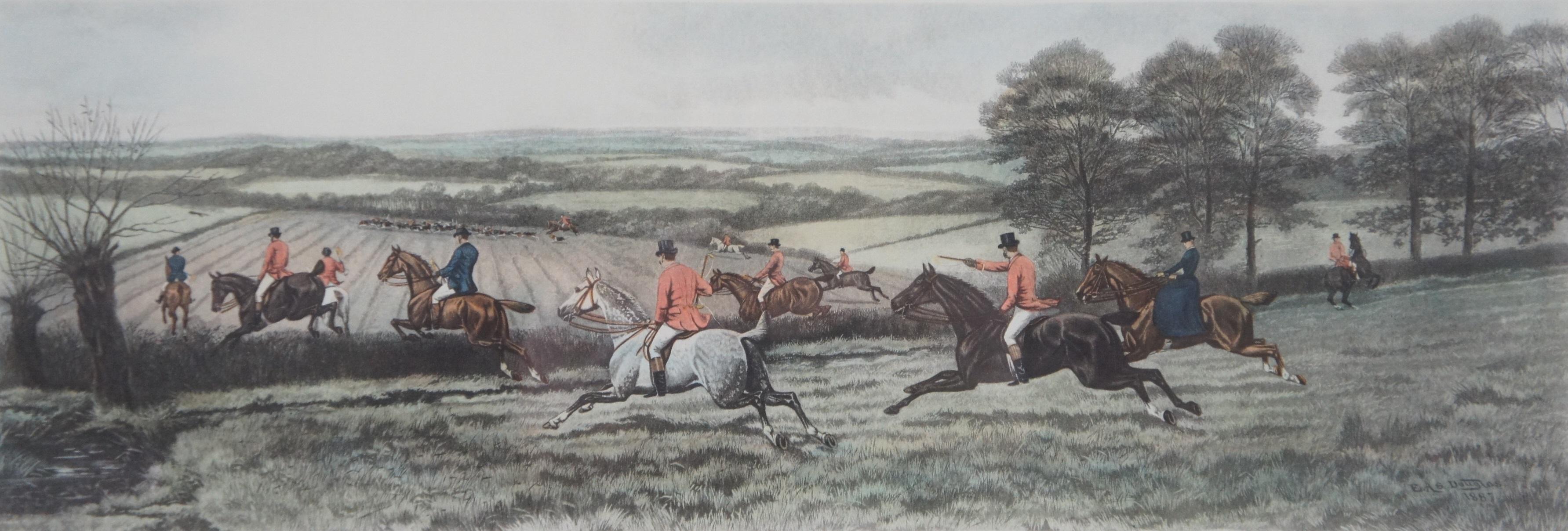 19th Century Antique Douglas Stork From Scent to View Fox Hunt Landscape Lithograph Print For Sale