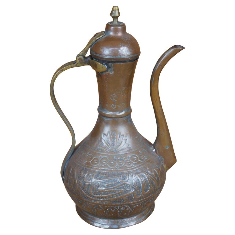 Antique Dovetail Copper Brass Engraved Tea Coffee Pot Kettle Bonsai Gooseneck For Sale