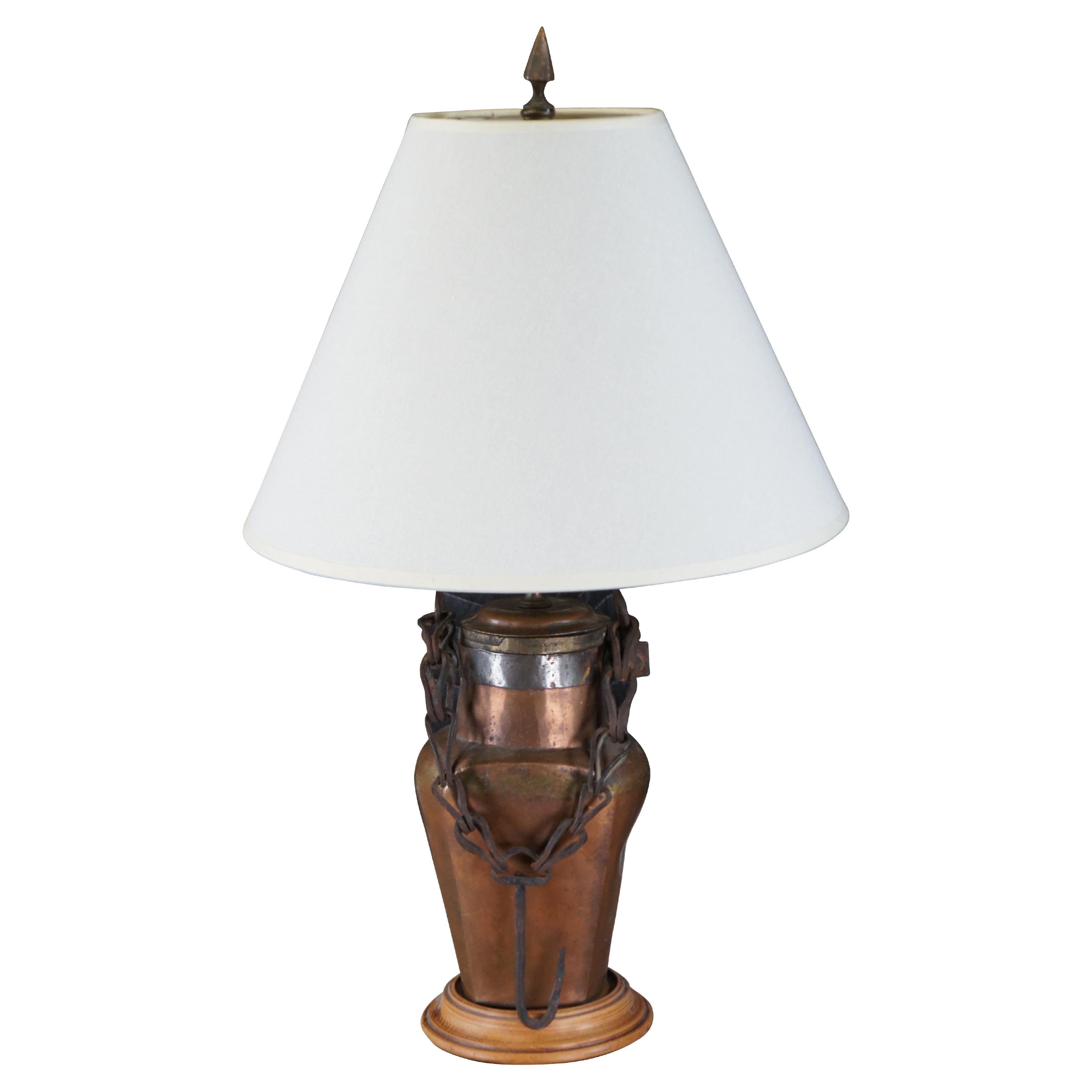 Antique Dovetailed Copper Canteen Water Oil Bottle Converted Table Lamp 25"