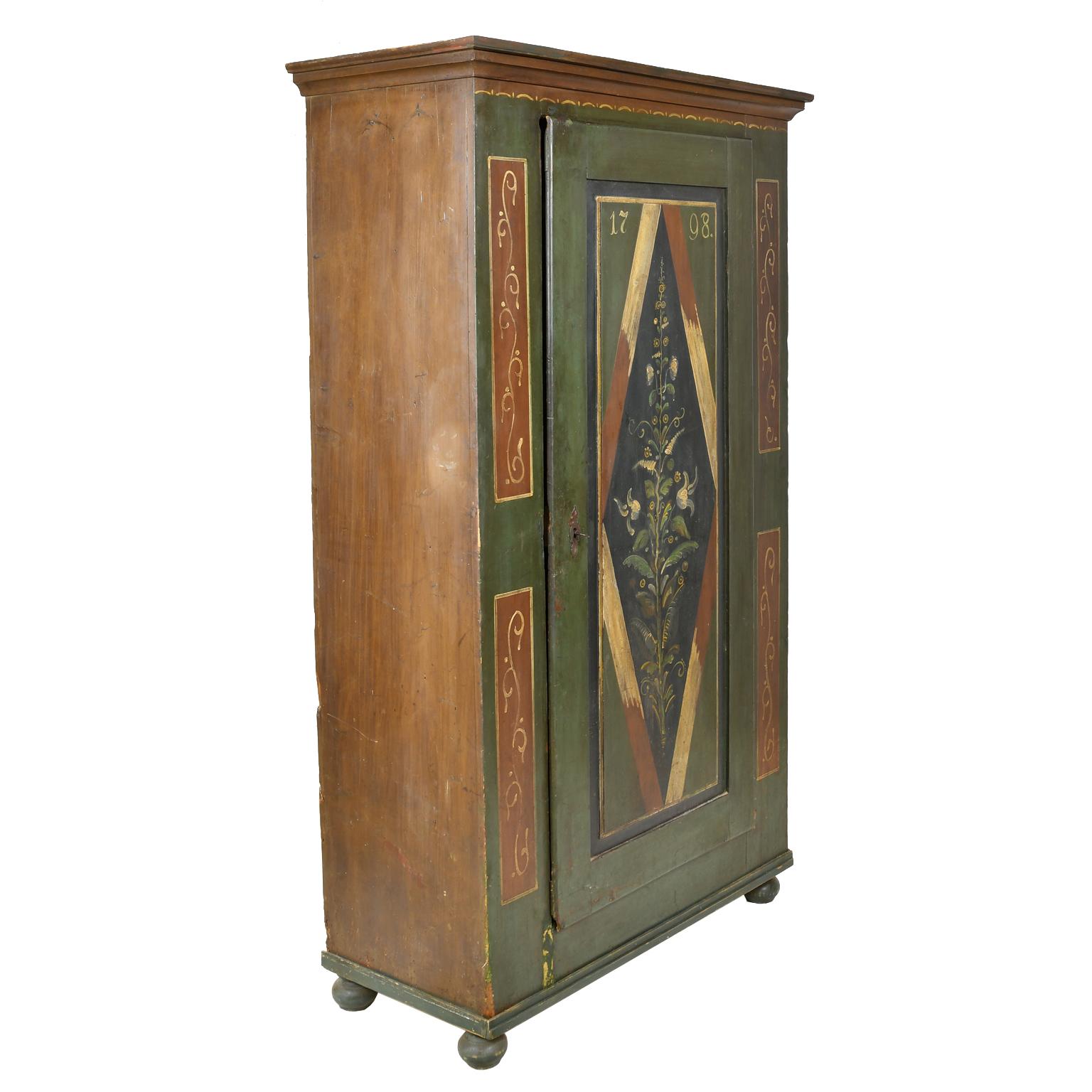 European Antique Dowry/Wedding Armoire with Green and Maroon Paint and Floral Design