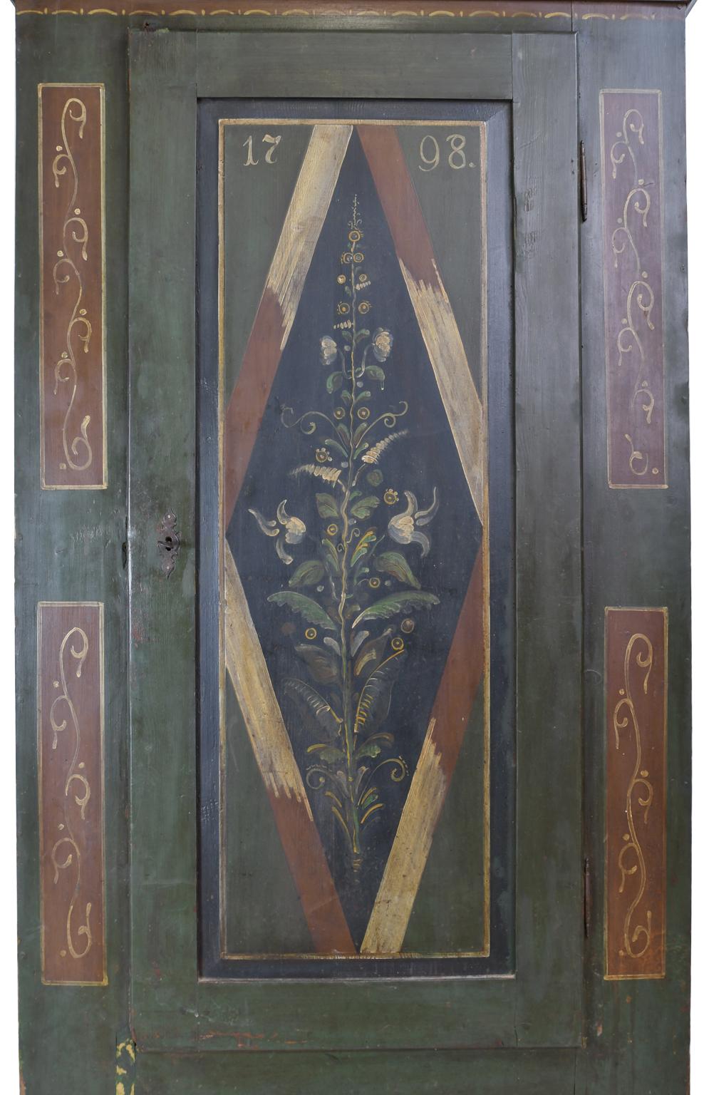 18th Century Antique Dowry/Wedding Armoire with Green and Maroon Paint and Floral Design