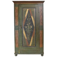Antique Dowry/Wedding Armoire with Green and Maroon Paint and Floral Design