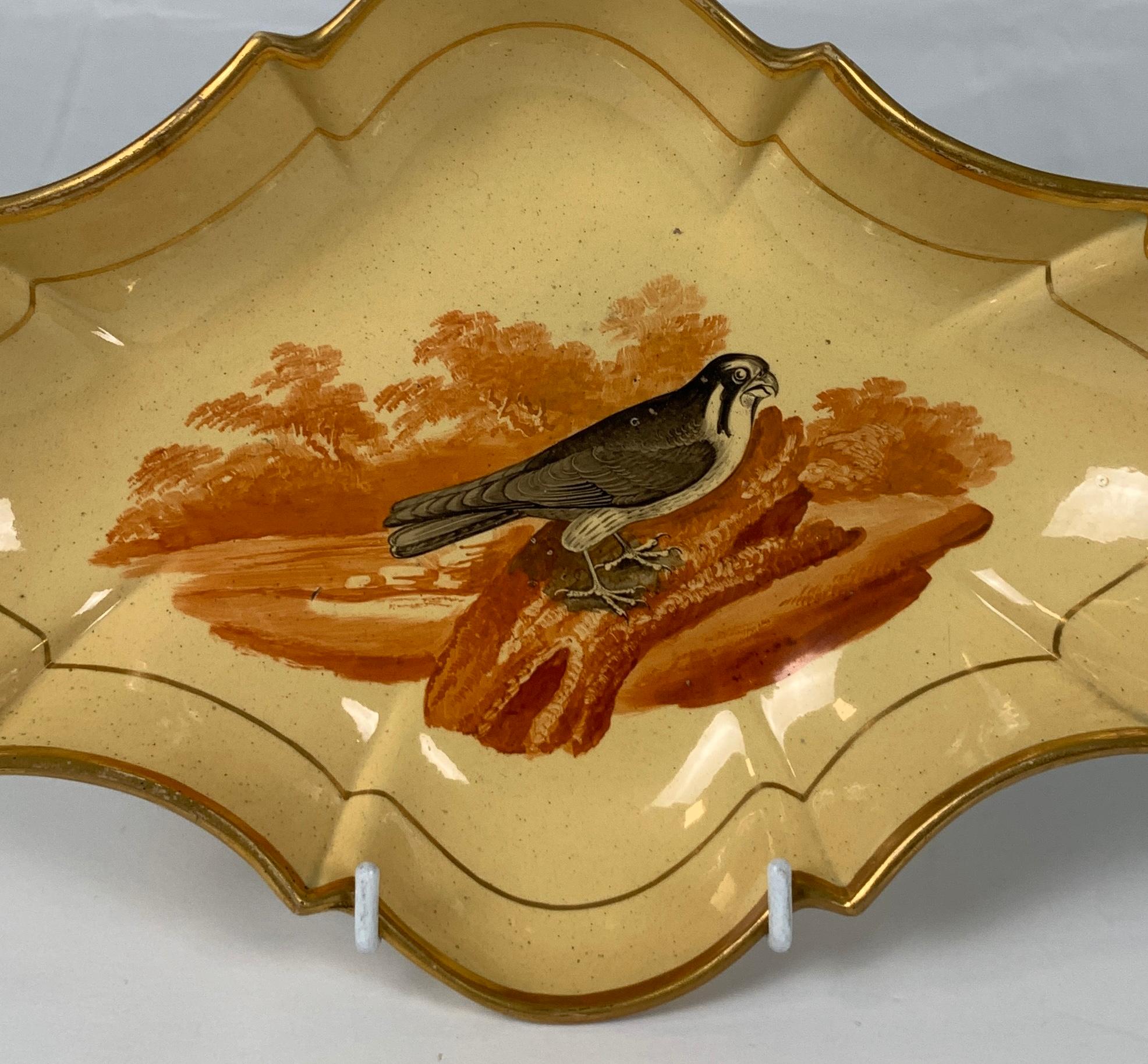 Diese unglaublich seltene ovale Drabware-Schale wurde 1802-1808 in England von Job Ridgway hergestellt und zeigt einen Falken, der auf einem Baumstamm thront. Das Bild ist gestochen scharf. Laut dem Online-Musterbuch von Ridgway handelt es sich um